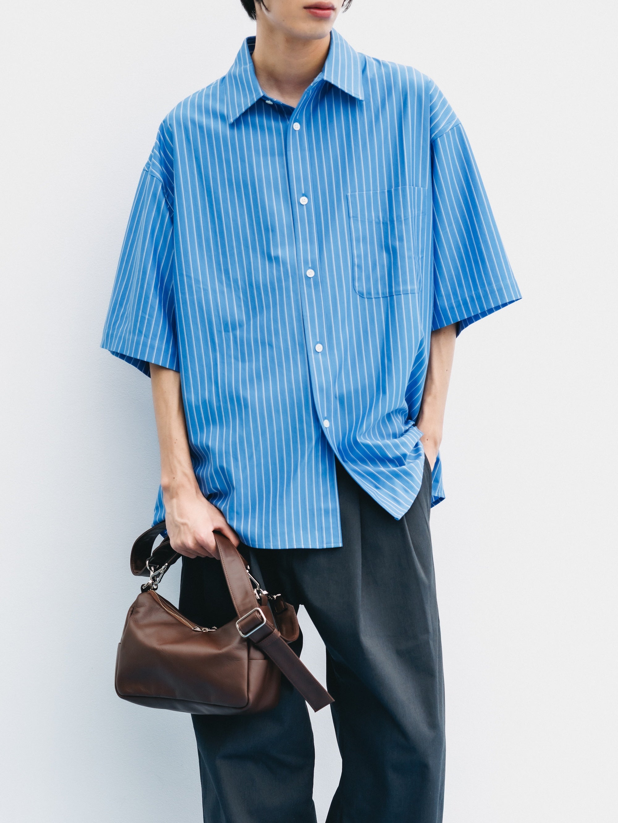 【8.5 WED 20:00- IN STOCK】THICK/THIN STRIPE 46G KNIT EVERYDAY S/S SHIRT (SAX BLUE STRIPE)