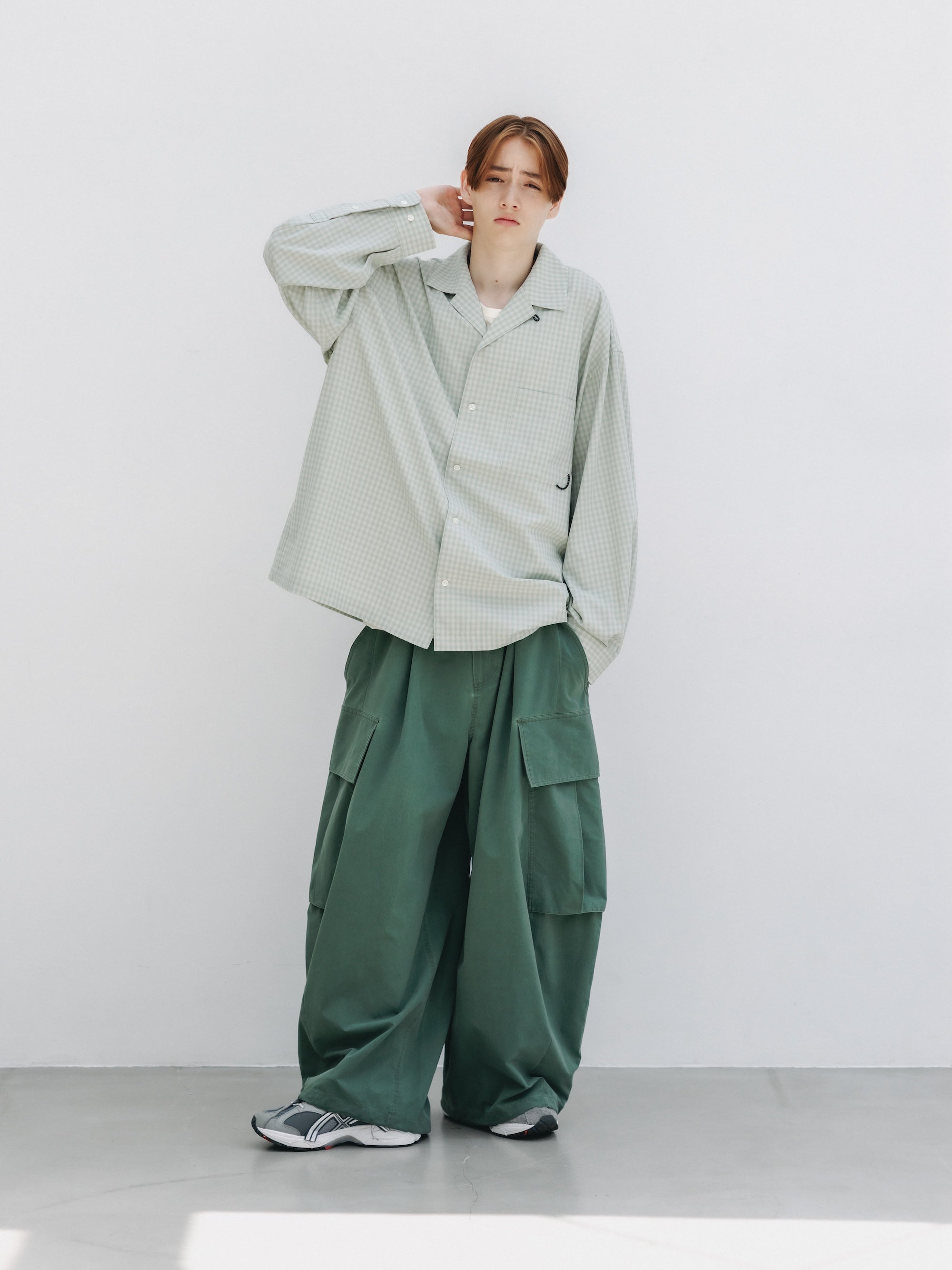 【5.20 WED 20:00- IN STOCK】OMBRE CHECK OPEN COLLAR L/S SHIRT (LIGHT MINI GREEN)