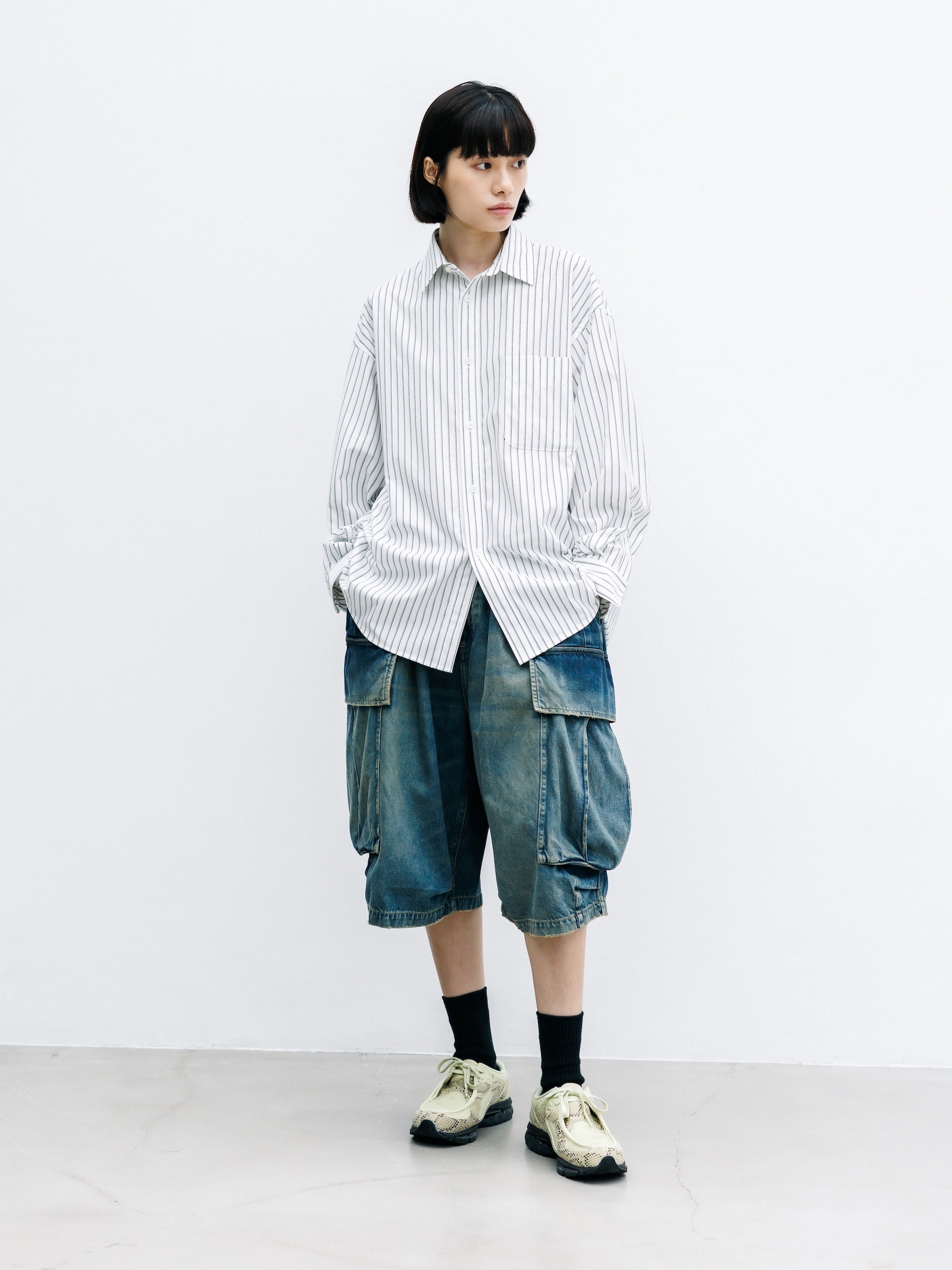 【8.1 SAT 20:00- IN STOCK】 VINTAGE DYED SELVEDGE DENIM CITY MEGA POCKET BALLOON CARGO HALF PANTS (VINTAGE INDIGO)