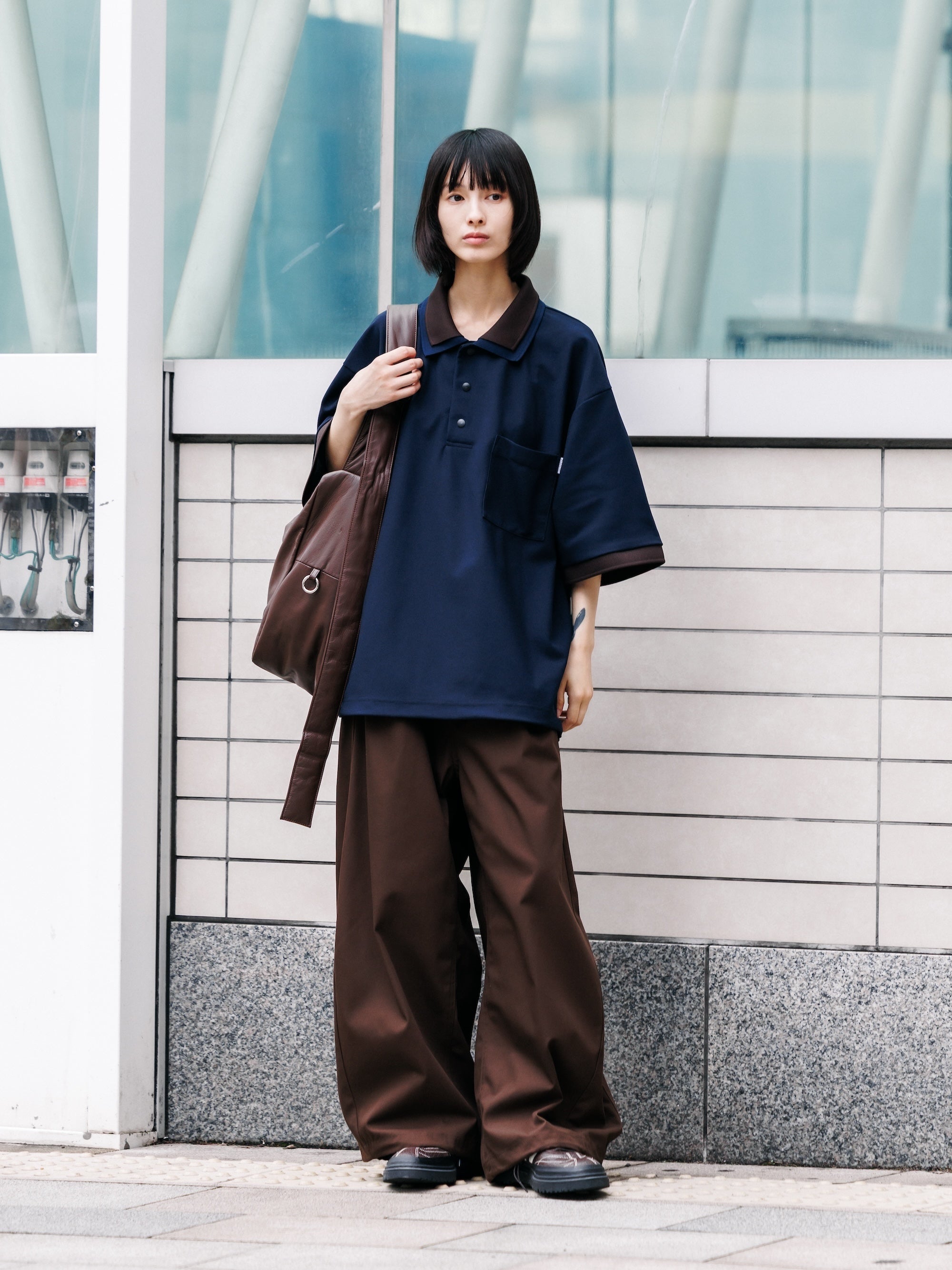【7.11 SAT 20:00- IN STOCK】ACTIVE CITY S/S DOUBLE COLLAR POLO SHIRT (NAVY×BROWN)
