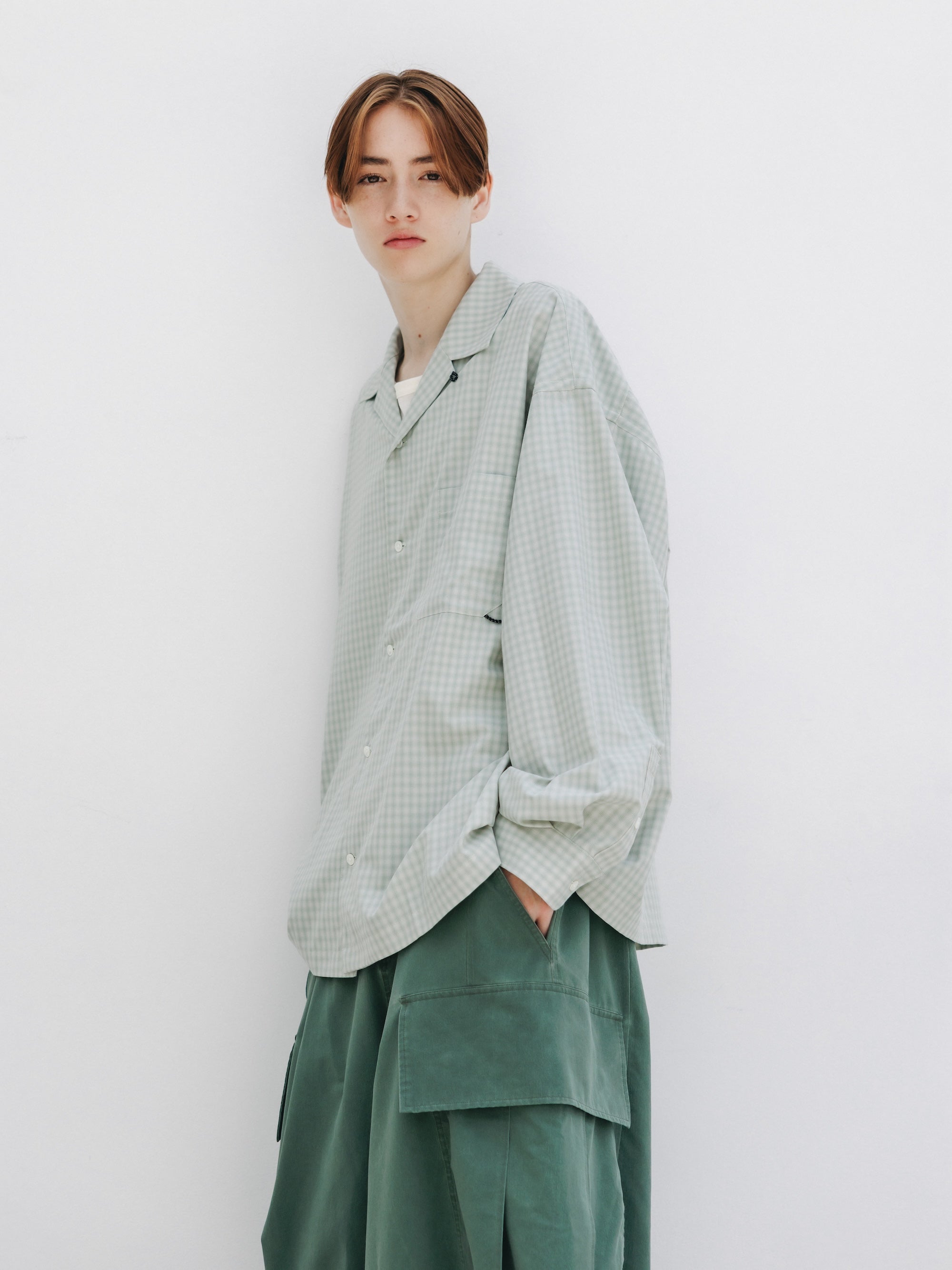 【5.20 WED 20:00- IN STOCK】OMBRE CHECK OPEN COLLAR L/S SHIRT (LIGHT MINI GREEN)