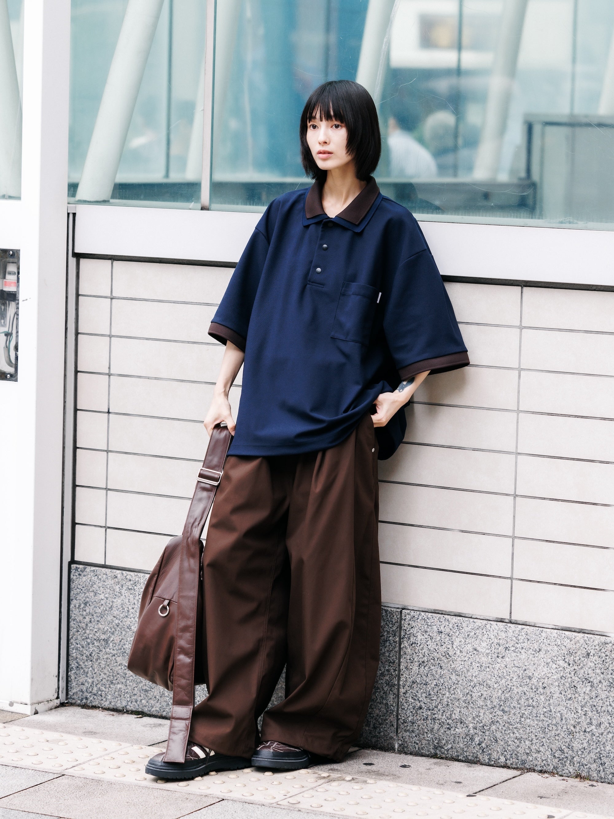【7.11 SAT 20:00- IN STOCK】ACTIVE CITY S/S DOUBLE COLLAR POLO SHIRT (NAVY×BROWN)