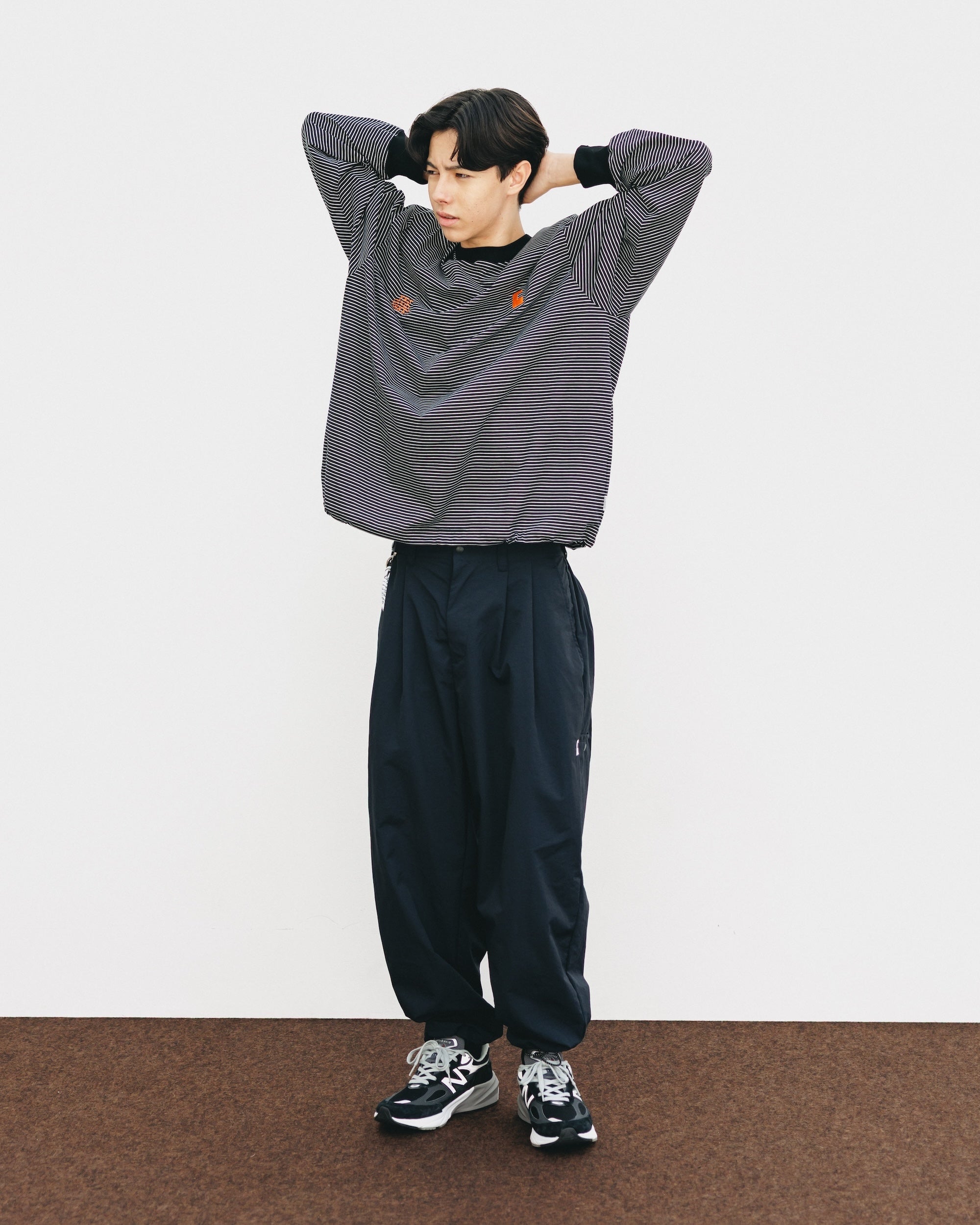 【10.15 WED 20:00- IN STOCK】WATER REPELLENT NYLON CITY UNIFORM WIDE TAPERED PANTS FOR YGM (BLACK×WHITE)