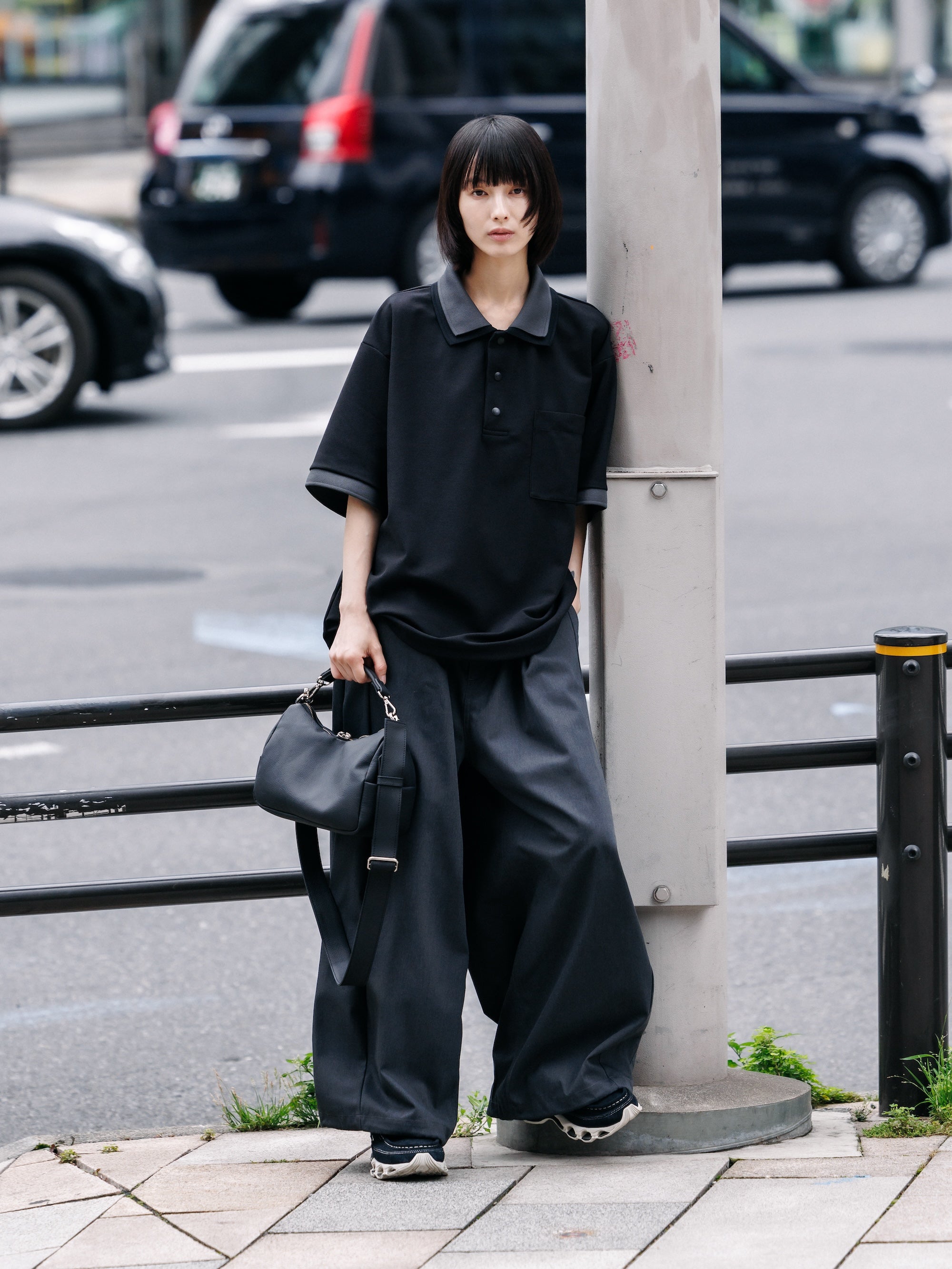 【7.11 SAT 20:00- IN STOCK】ACTIVE CITY S/S DOUBLE COLLAR POLO SHIRT (BLACK×GRAY)