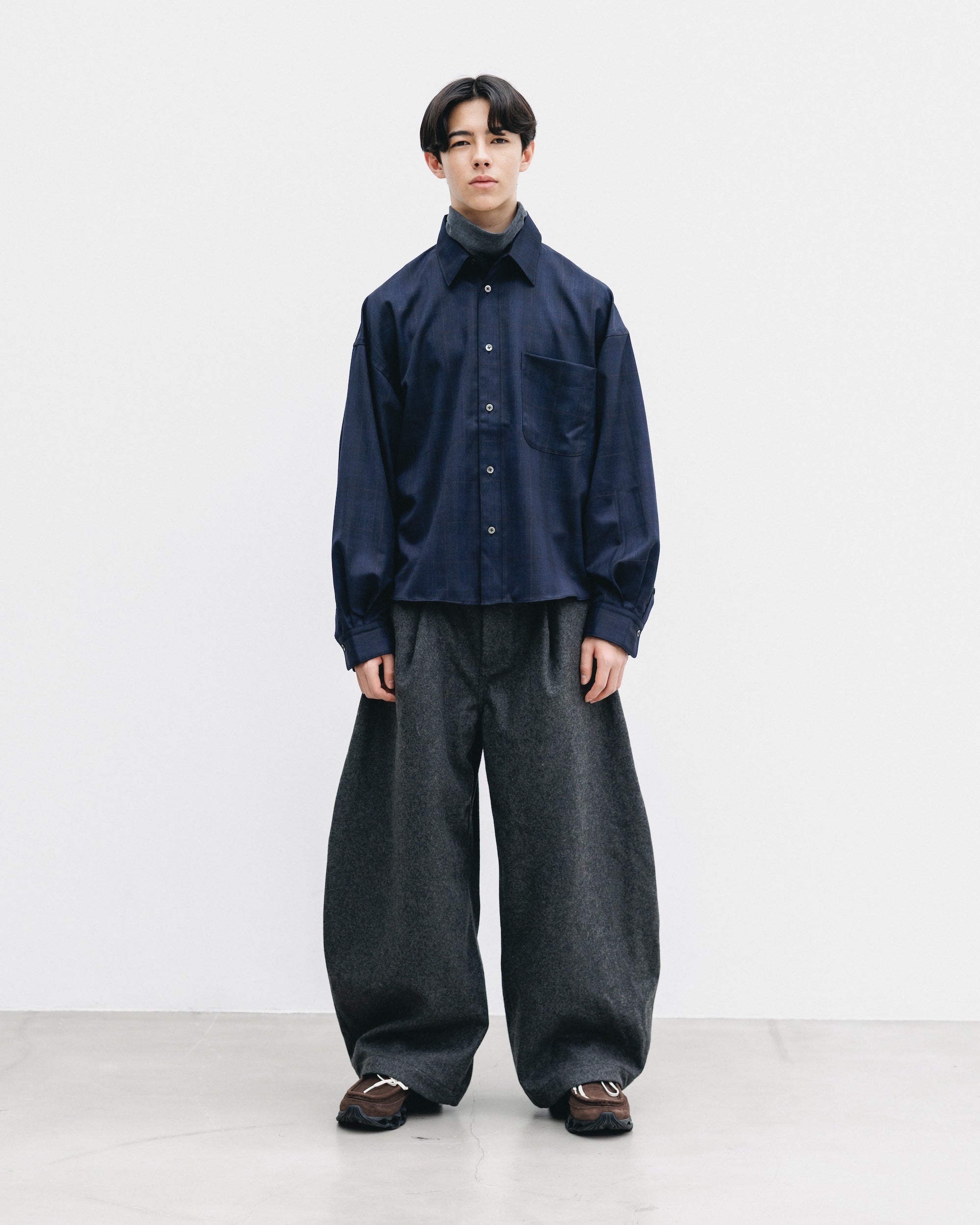 LIGHT WOOL CROPPED LENGTH EVERYDAY L/S SHIRT (GLEN CHECK(NAVY))