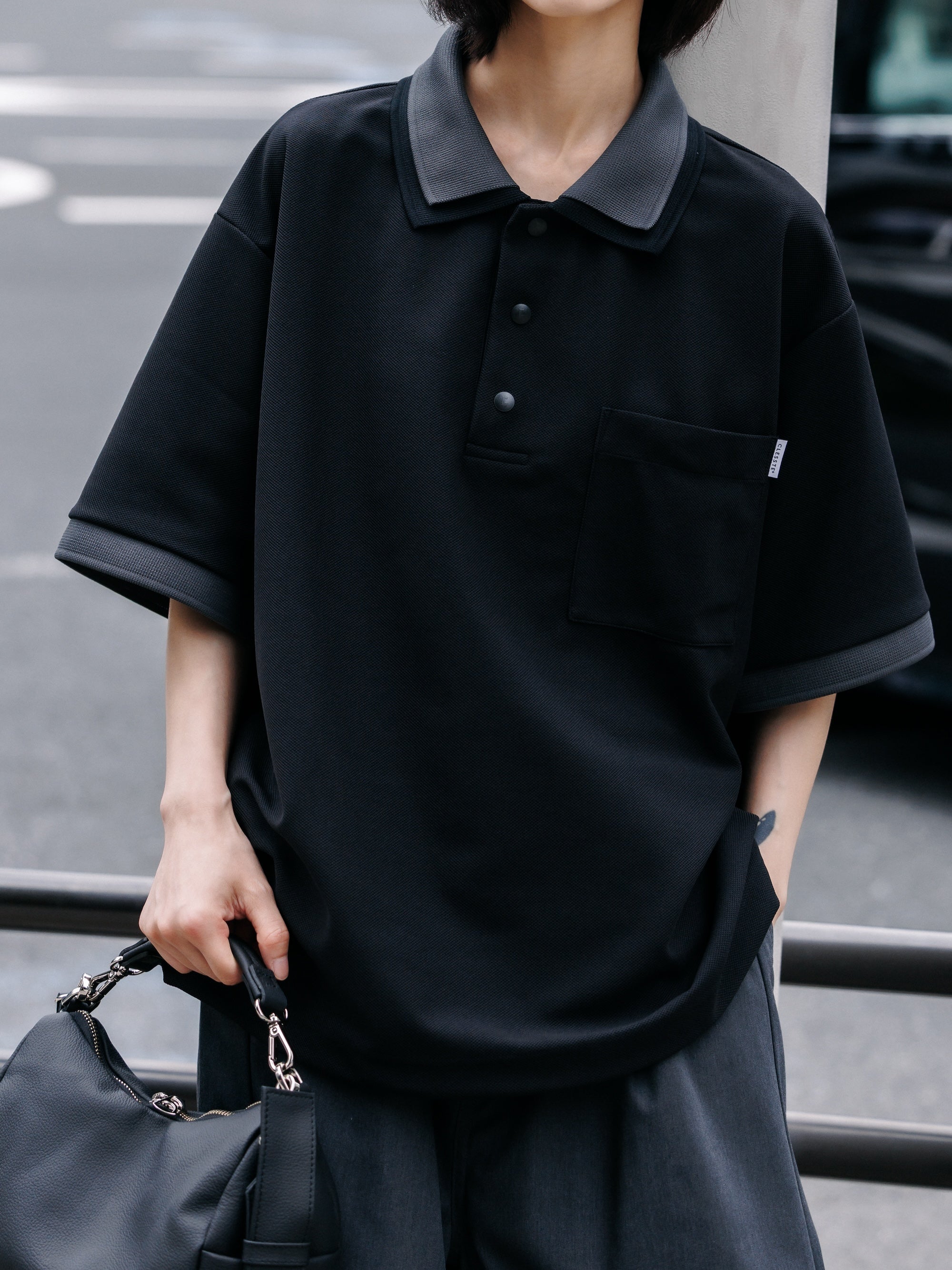 【7.11 SAT 20:00- IN STOCK】ACTIVE CITY S/S DOUBLE COLLAR POLO SHIRT (BLACK×GRAY)