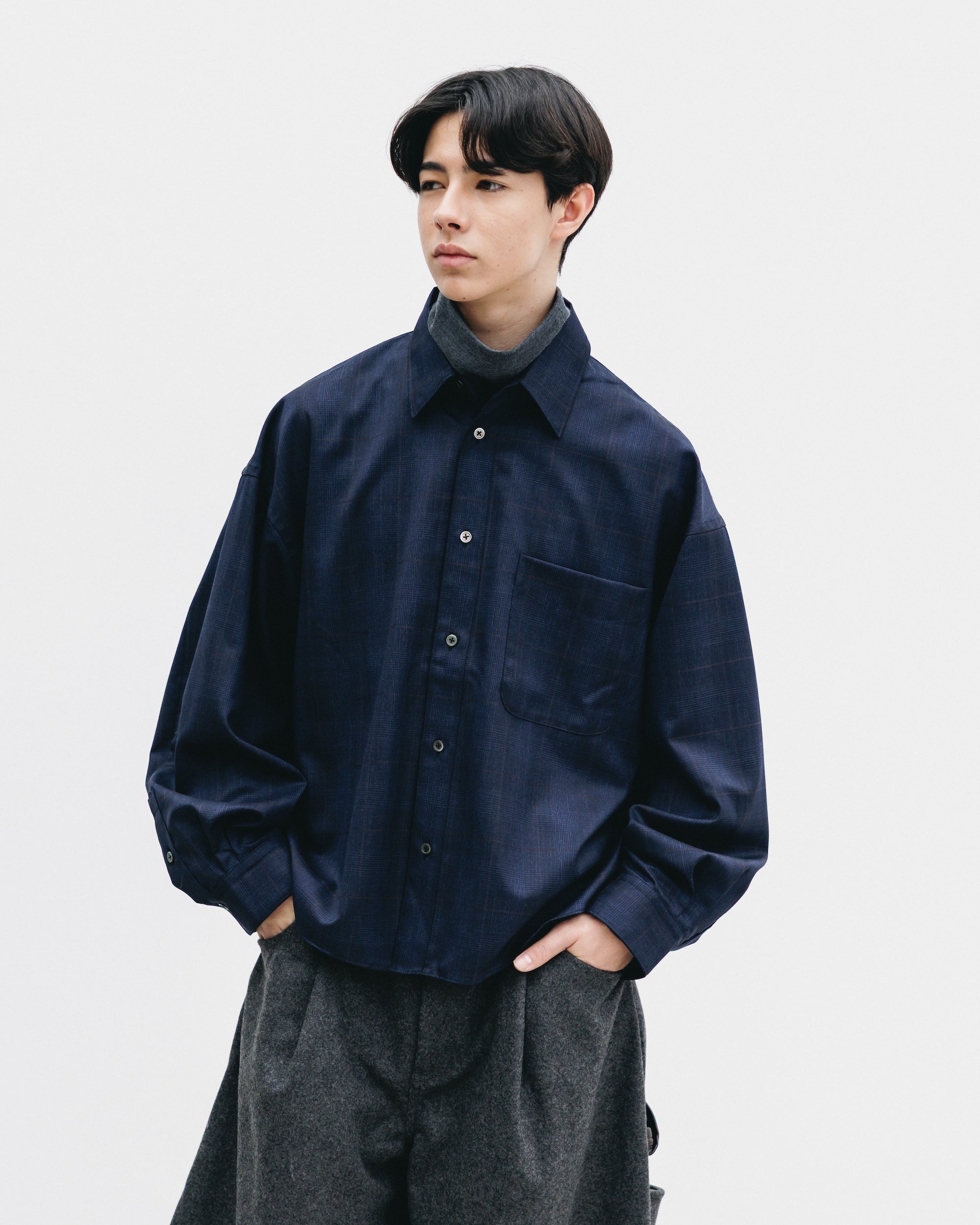LIGHT WOOL CROPPED LENGTH EVERYDAY L/S SHIRT (GLEN CHECK(NAVY))