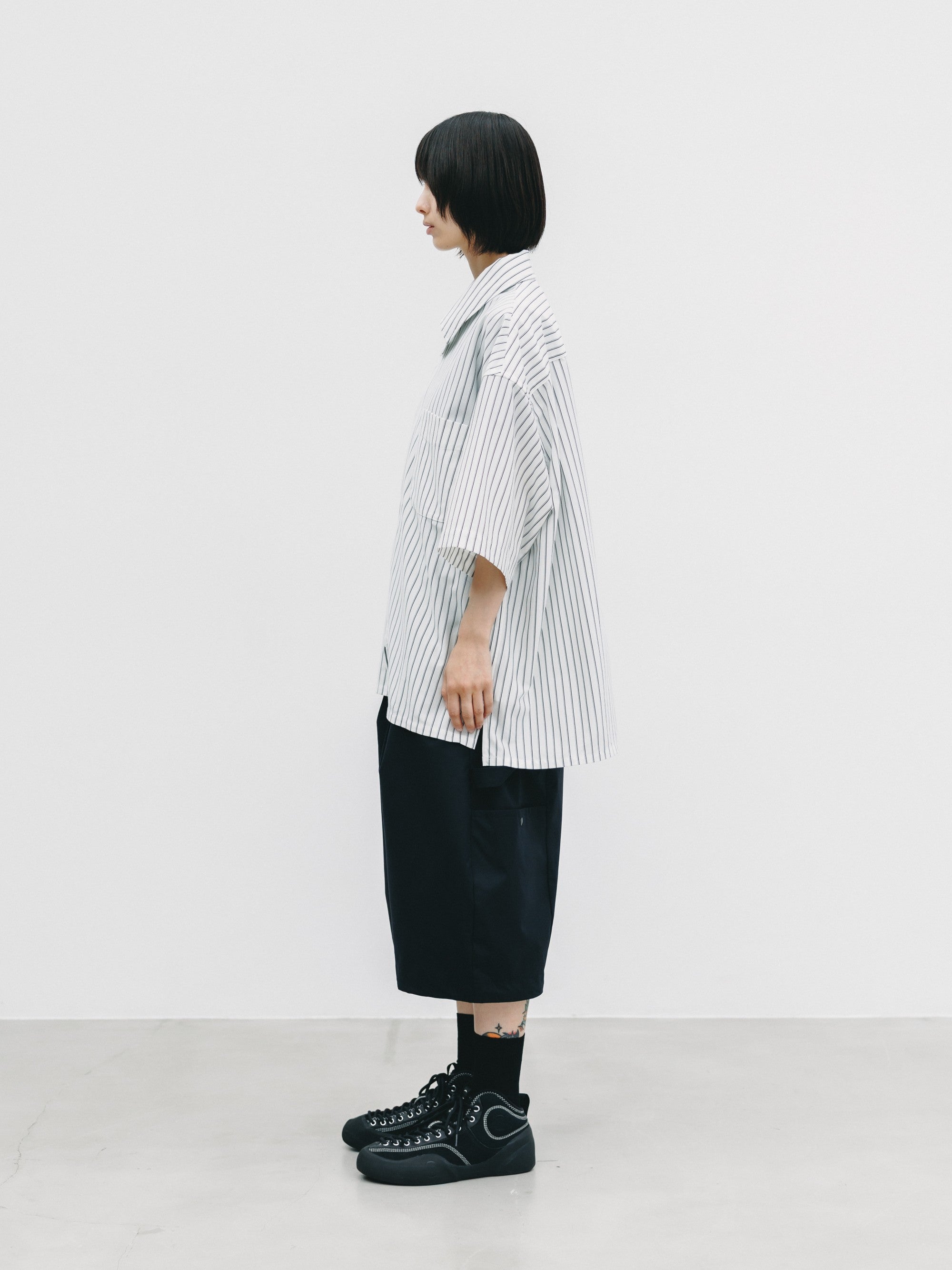 【6.27 SAT 20:00- IN STOCK】THICK/THIN STRIPE 46G KNIT EVERYDAY ZIP UP S/S SHIRT (WHITE STRIPE)