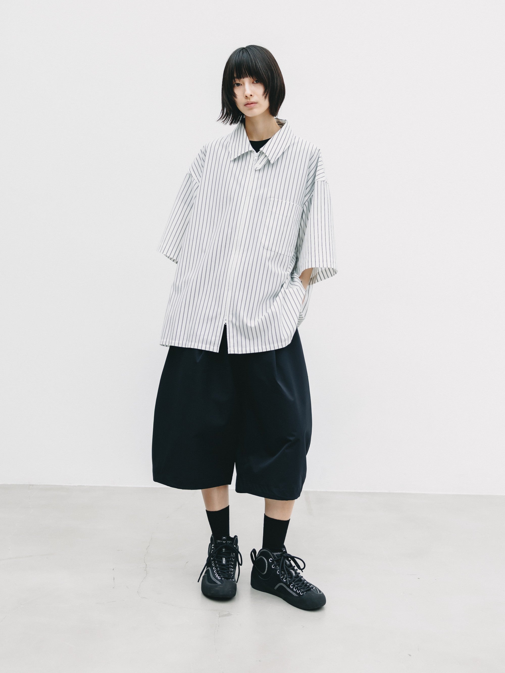 【6.27 SAT 20:00- IN STOCK】THICK/THIN STRIPE 46G KNIT EVERYDAY ZIP UP S/S SHIRT (WHITE STRIPE)