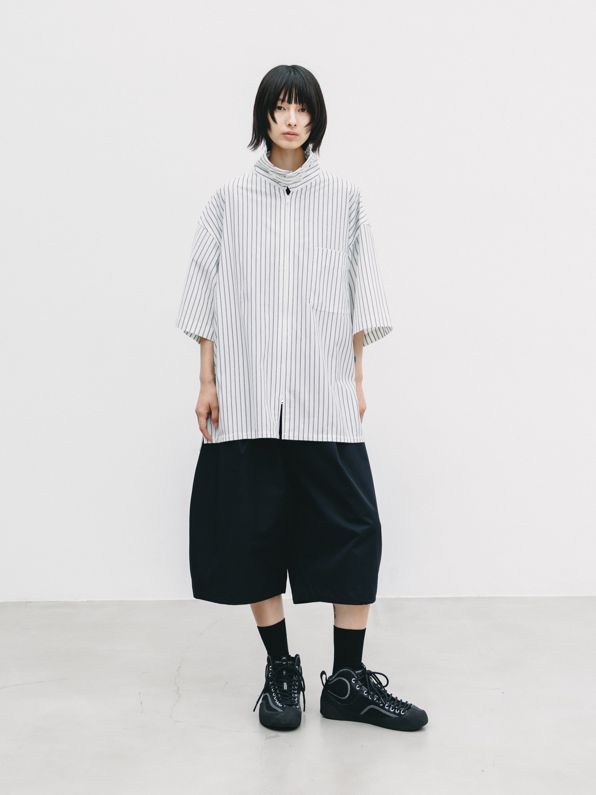 【6.27 SAT 20:00- IN STOCK】THICK/THIN STRIPE 46G KNIT EVERYDAY ZIP UP S/S SHIRT (WHITE STRIPE)