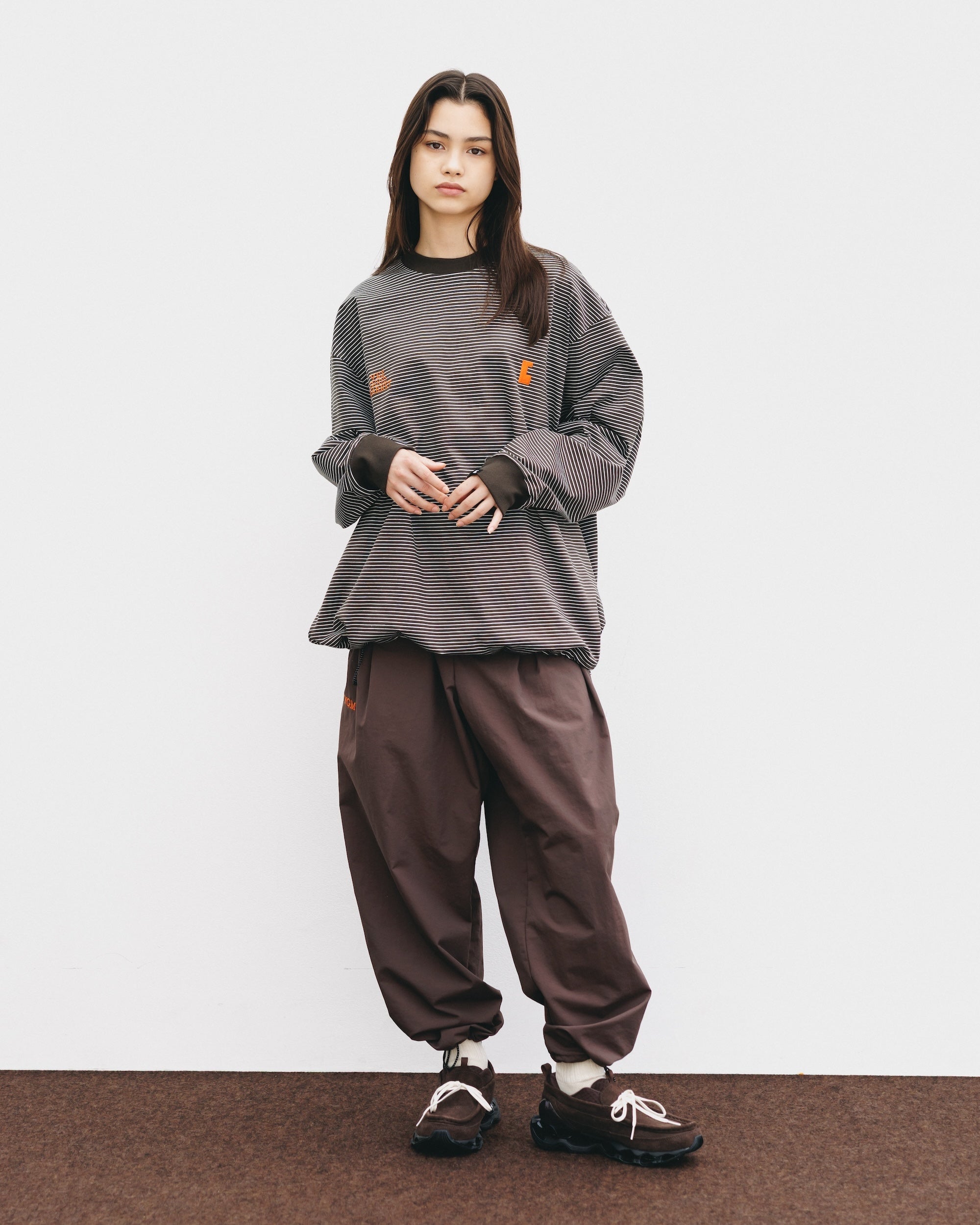 【10.15 WED 20:00- IN STOCK】"C"STRIPED L/S T-SHIRT WITH DRAWSTRINGS FOR YGM (BROWN×WHITE)