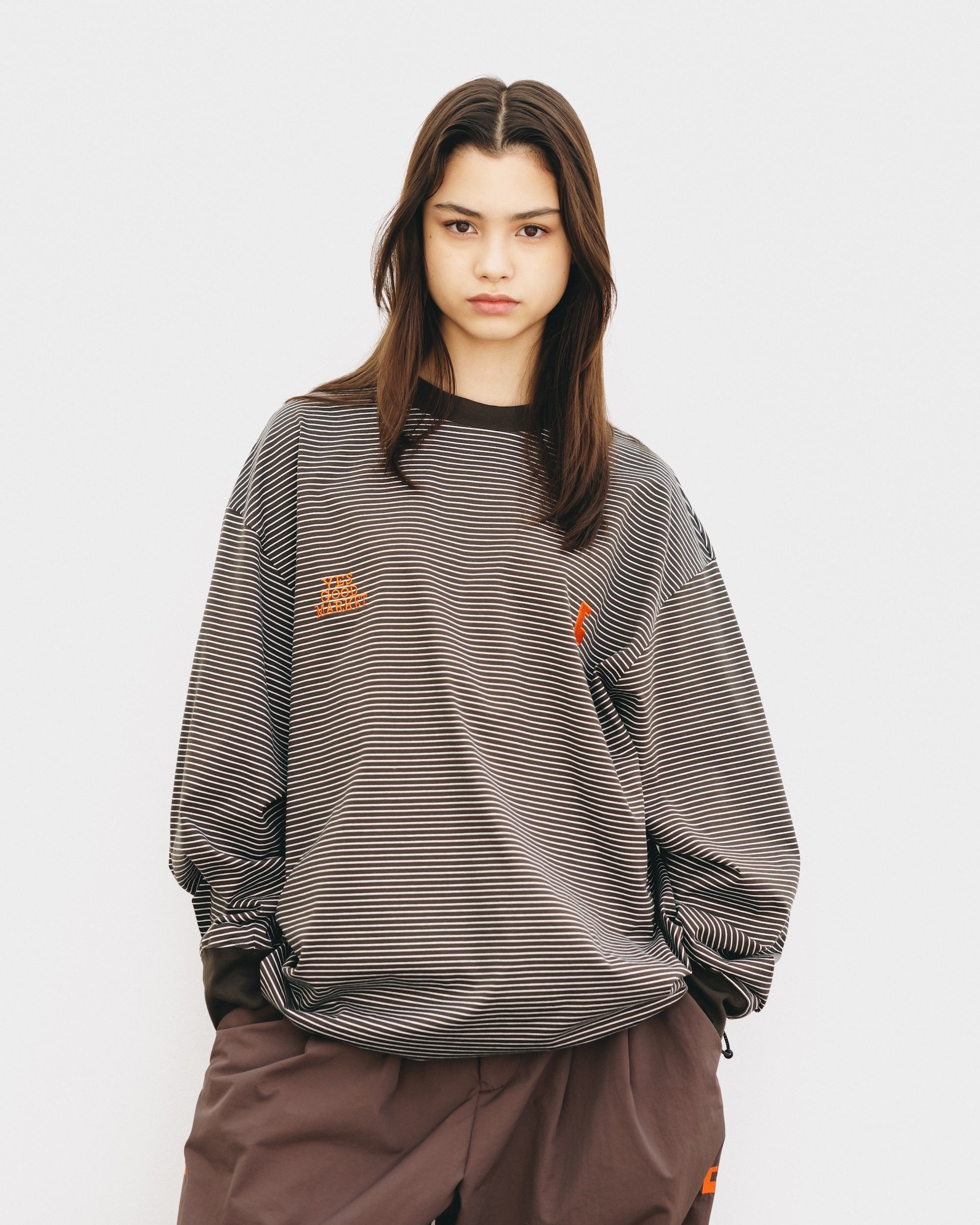 【10.15 WED 20:00- IN STOCK】"C"STRIPED L/S T-SHIRT WITH DRAWSTRINGS FOR YGM (BROWN×WHITE)