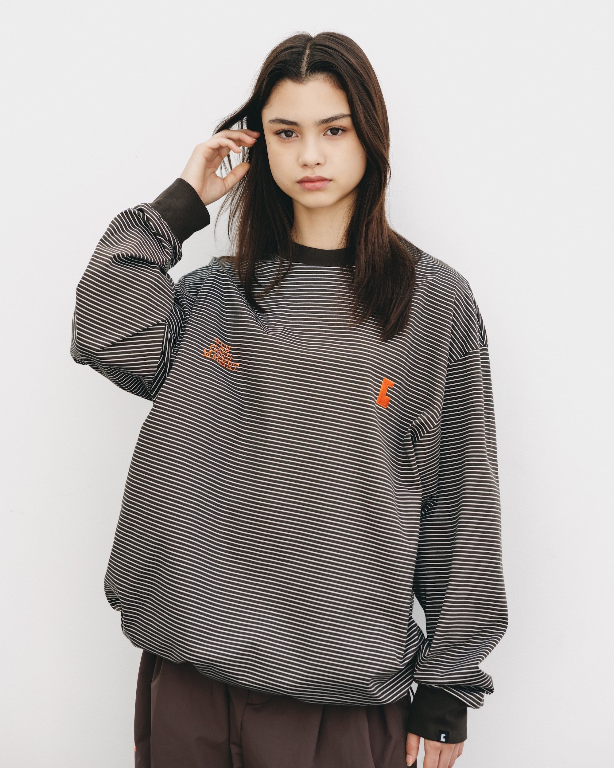 【10.15 WED 20:00- IN STOCK】"C"STRIPED L/S T-SHIRT WITH DRAWSTRINGS FOR YGM (BROWN×WHITE)