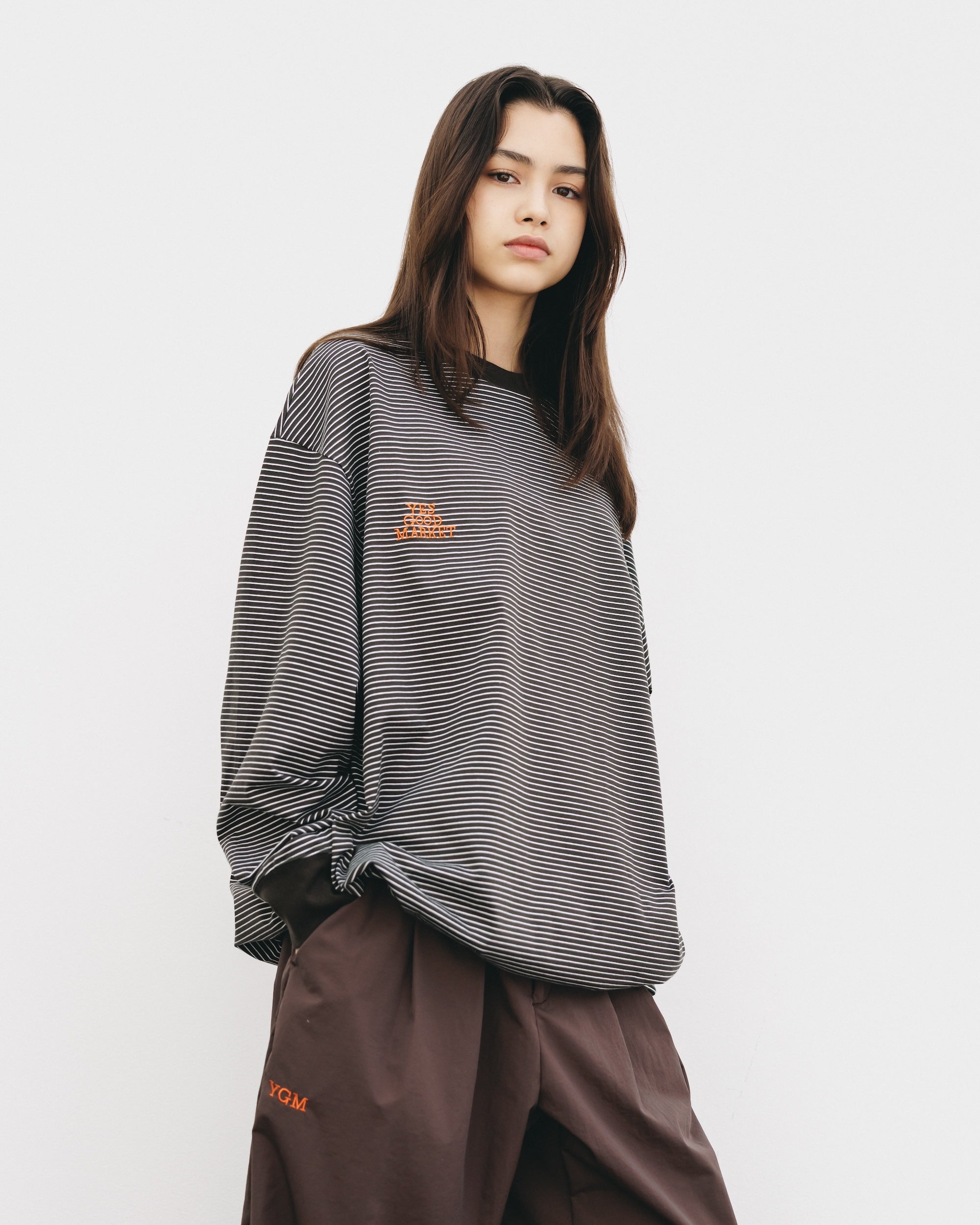 【10.15 WED 20:00- IN STOCK】"C"STRIPED L/S T-SHIRT WITH DRAWSTRINGS FOR YGM (BROWN×WHITE)