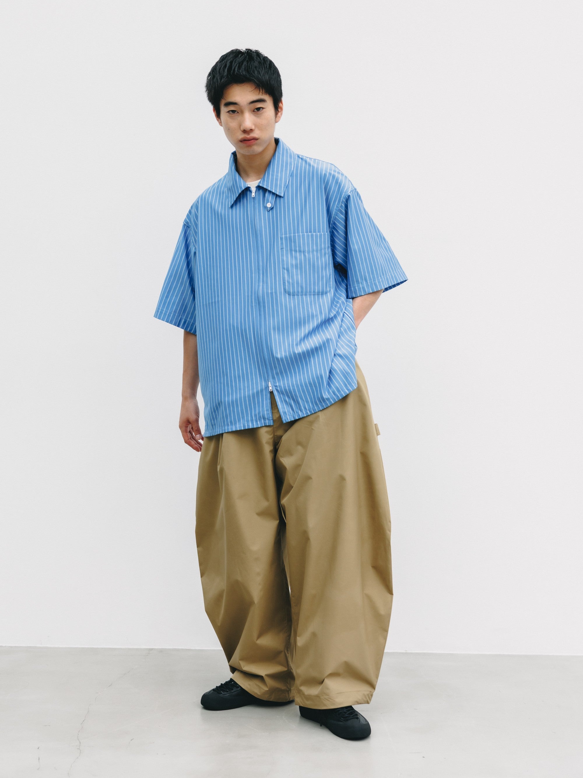 【6.27 SAT 20:00- IN STOCK】THICK/THIN STRIPE 46G KNIT EVERYDAY ZIP UP S/S SHIRT (SAX BLUE STRIPE)