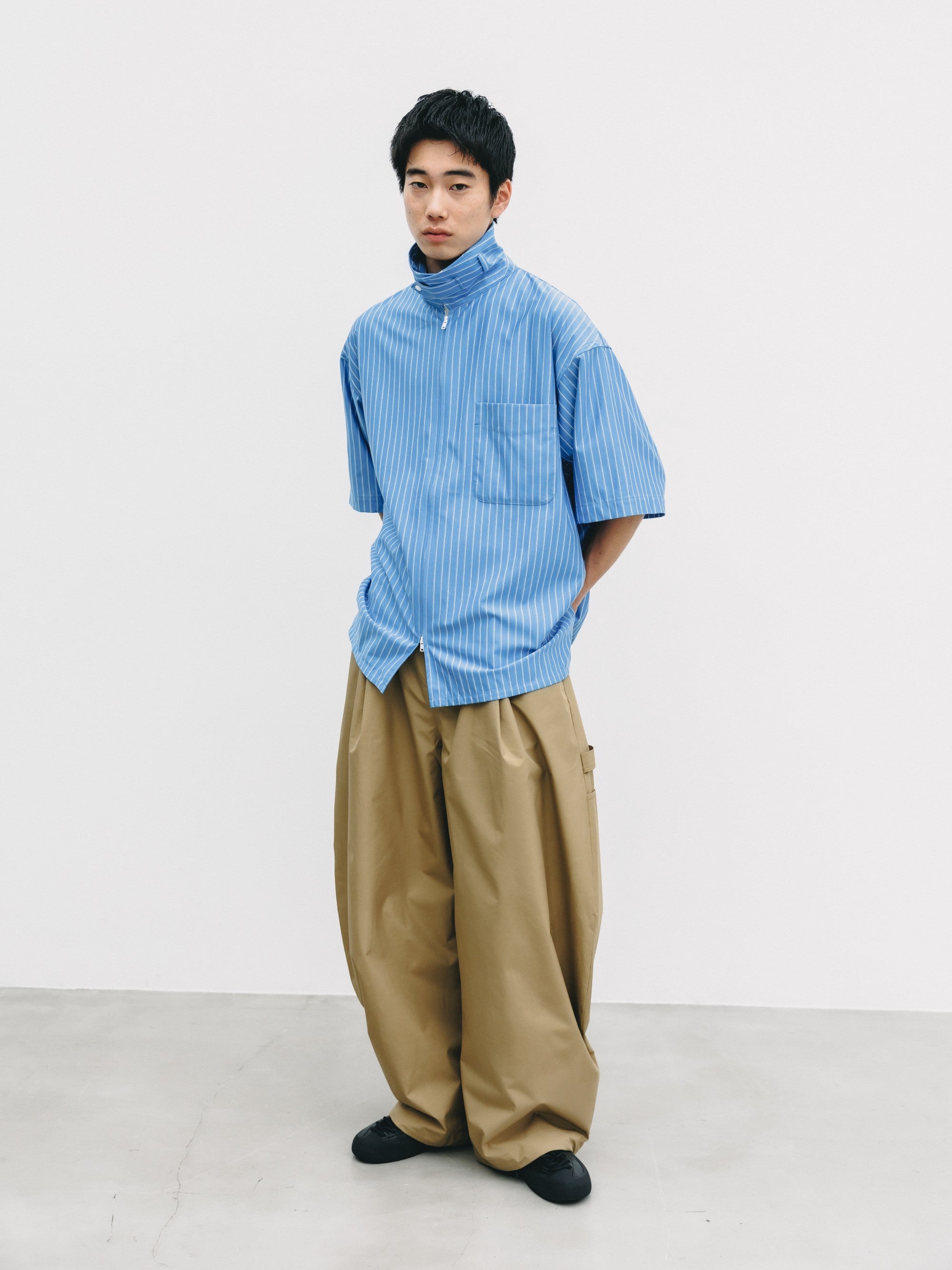 【6.27 SAT 20:00- IN STOCK】THICK/THIN STRIPE 46G KNIT EVERYDAY ZIP UP S/S SHIRT (SAX BLUE STRIPE)