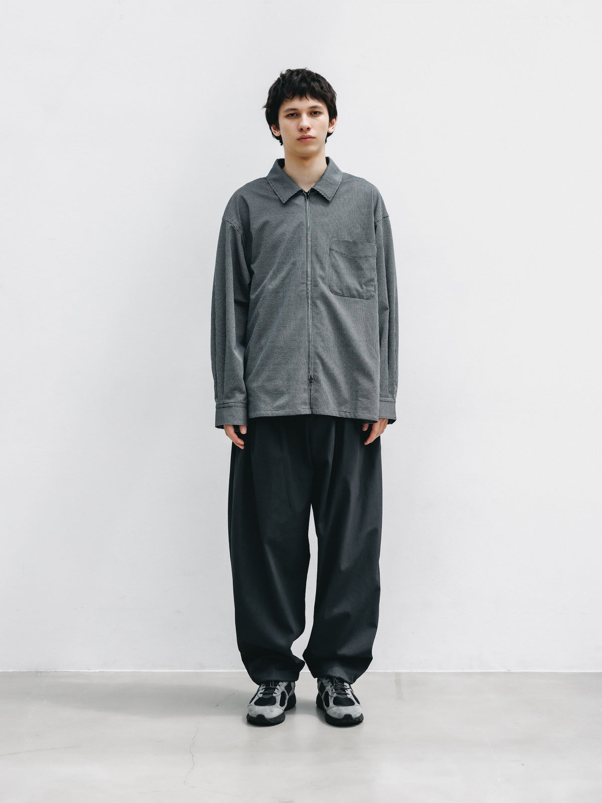 【10.24 SAT 20:00- IN STOCK】 MINI GRID CHECK 36G KNIT EVERYDAY ZIP UP L/S SHIRT (BLACK×WHITE)