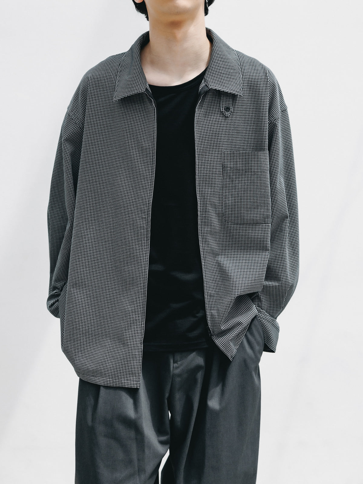 【10.24 SAT 20:00- IN STOCK】 MINI GRID CHECK 36G KNIT EVERYDAY ZIP UP L/S SHIRT (BLACK×WHITE)