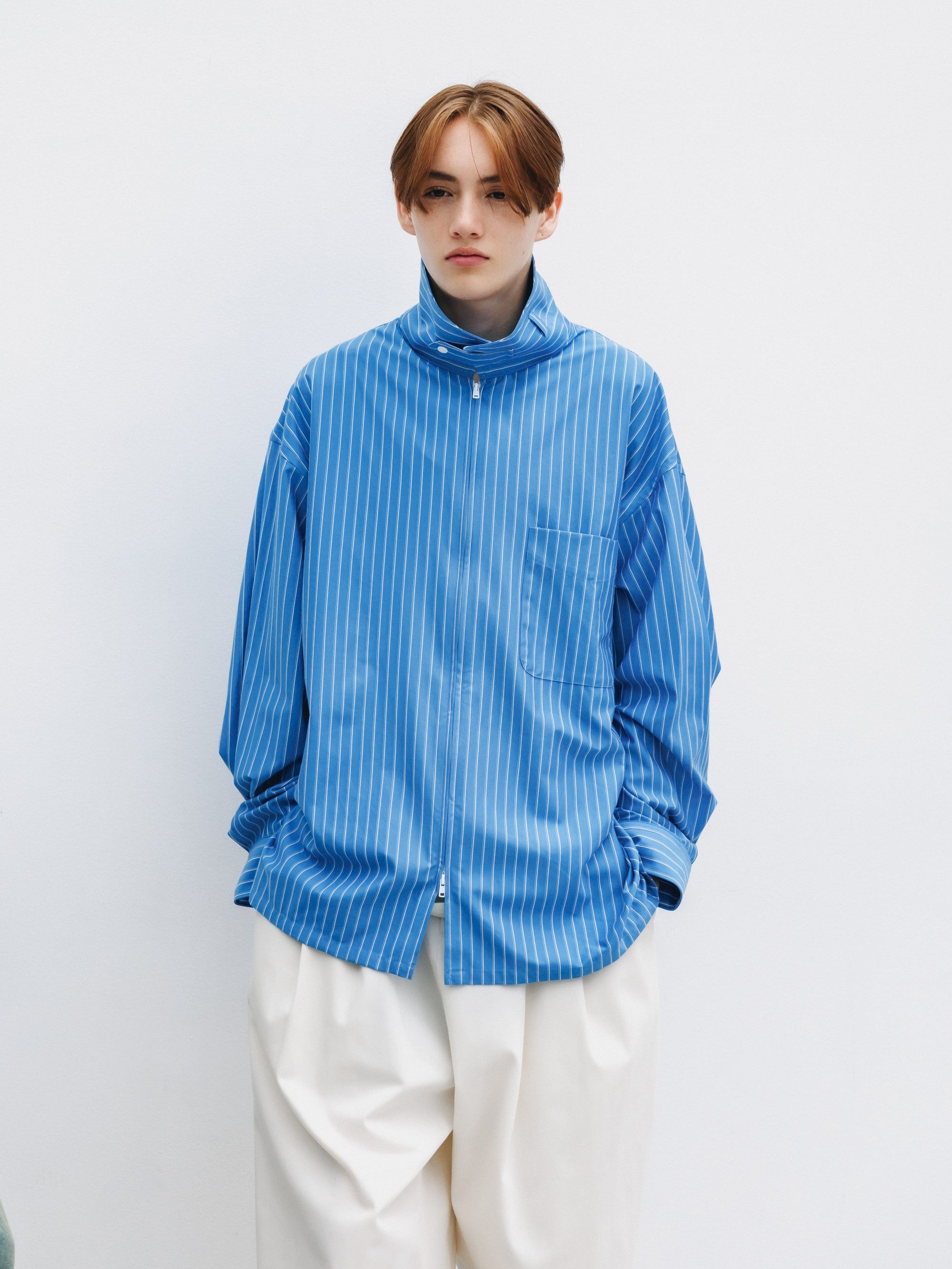 【5.30 SAT 20:00- IN STOCK】THICK/THIN STRIPE 46G KNIT EVERYDAY ZIP UP L/S SHIRT (SAX BLUE STRIPE)