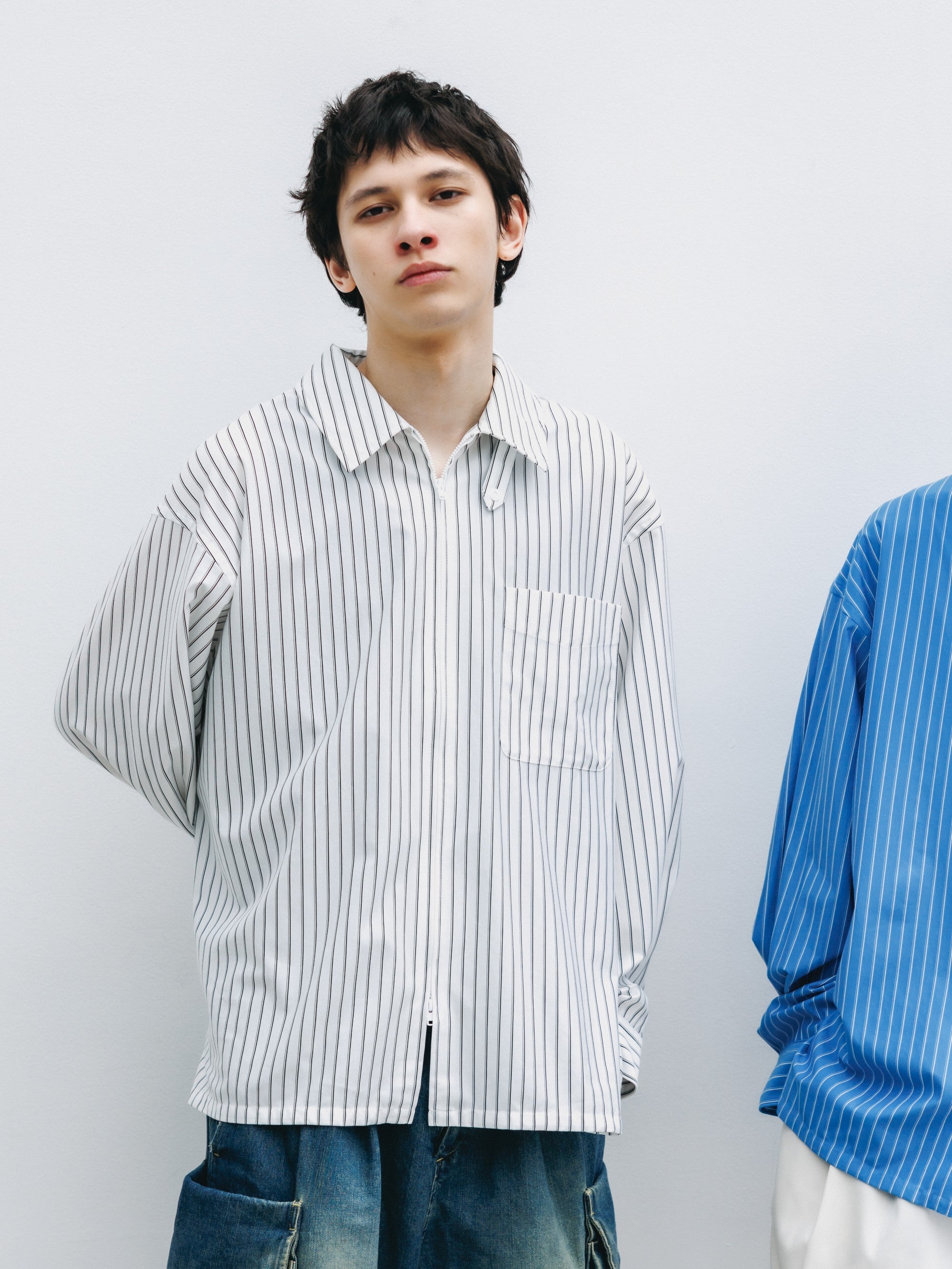 【5.30 SAT 20:00- IN STOCK】THICK/THIN STRIPE 46G KNIT EVERYDAY ZIP UP L/S SHIRT (WHITE STRIPE)
