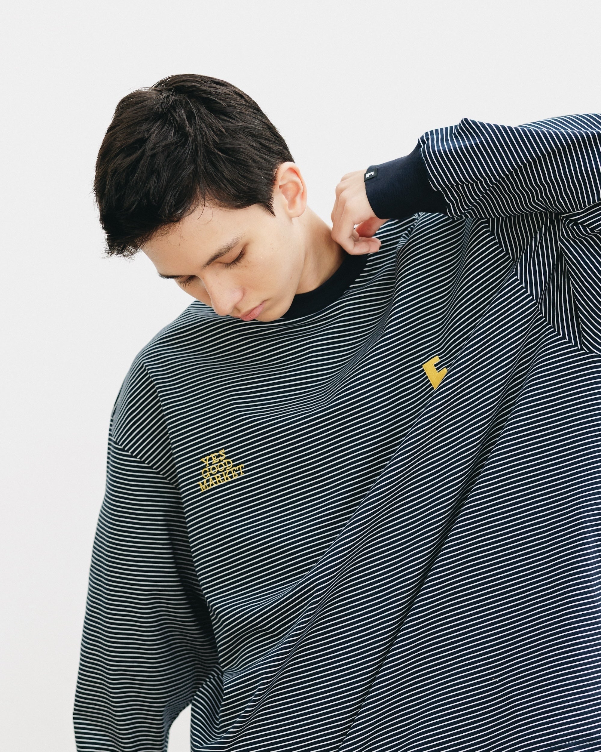 【10.15 WED 20:00- IN STOCK】"C"STRIPED L/S T-SHIRT WITH DRAWSTRINGS FOR YGM (NAVY×WHITE)