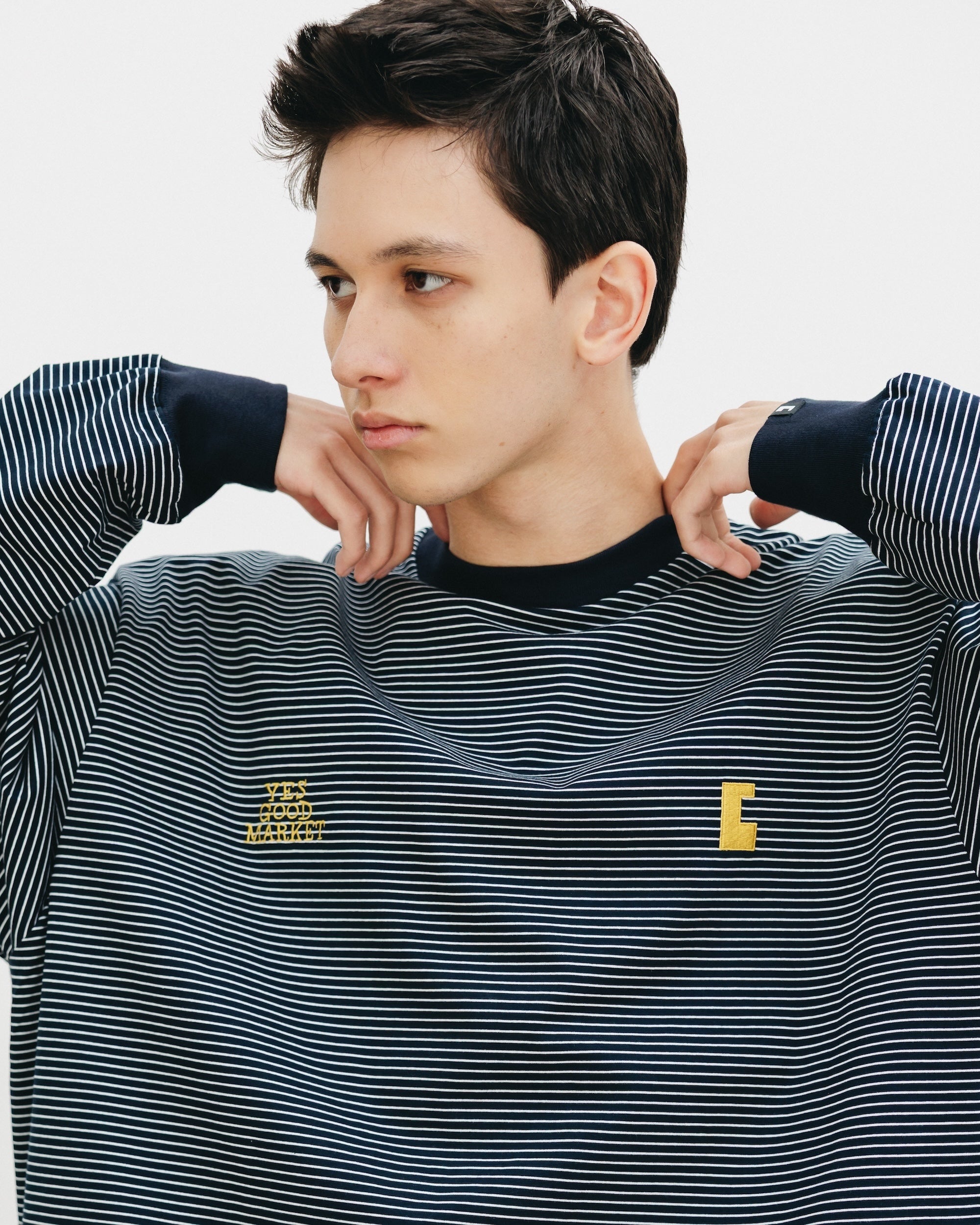 【10.15 WED 20:00- IN STOCK】"C"STRIPED L/S T-SHIRT WITH DRAWSTRINGS FOR YGM (NAVY×WHITE)