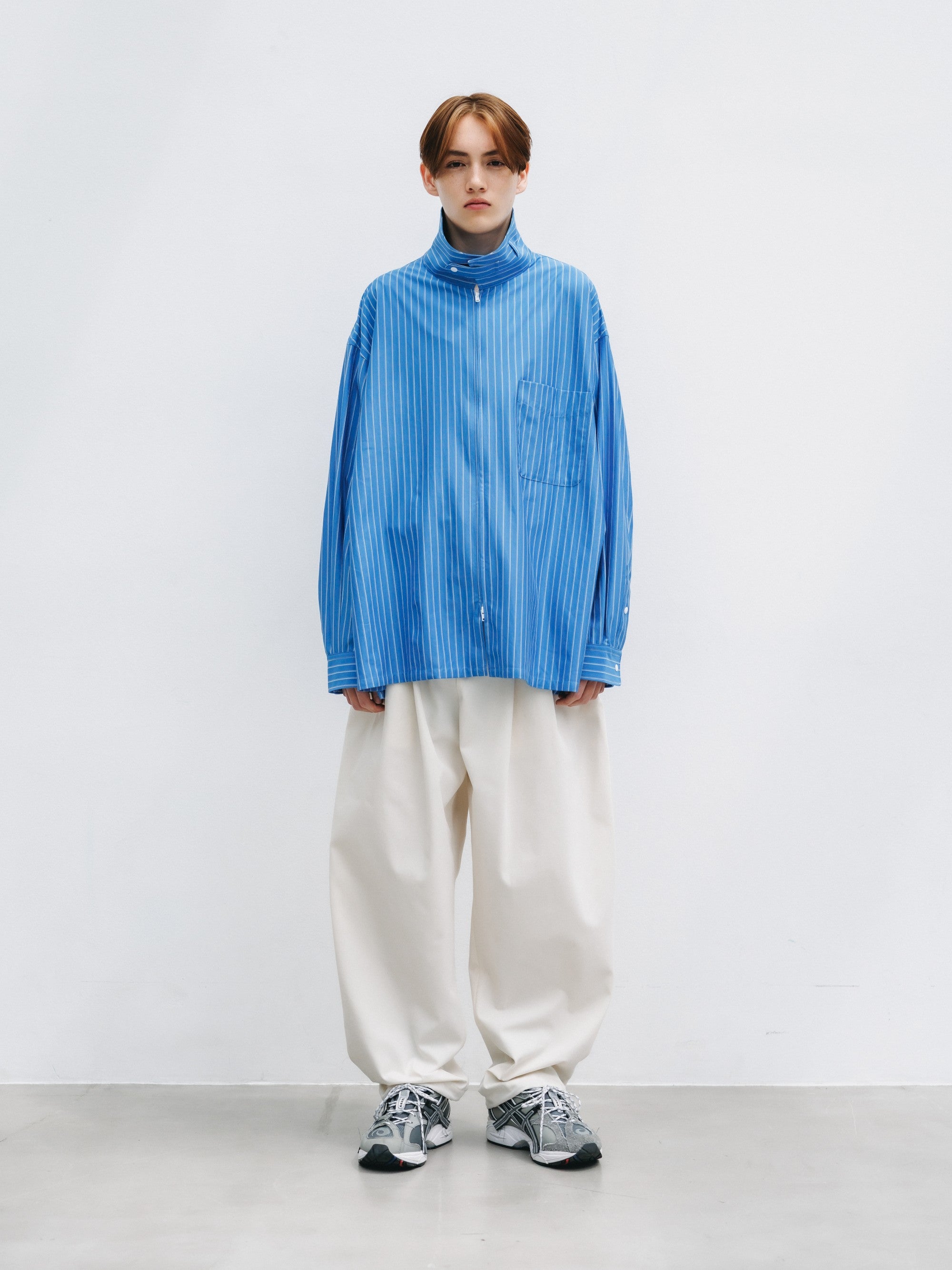 【5.30 SAT 20:00- IN STOCK】THICK/THIN STRIPE 46G KNIT EVERYDAY ZIP UP L/S SHIRT (SAX BLUE STRIPE)