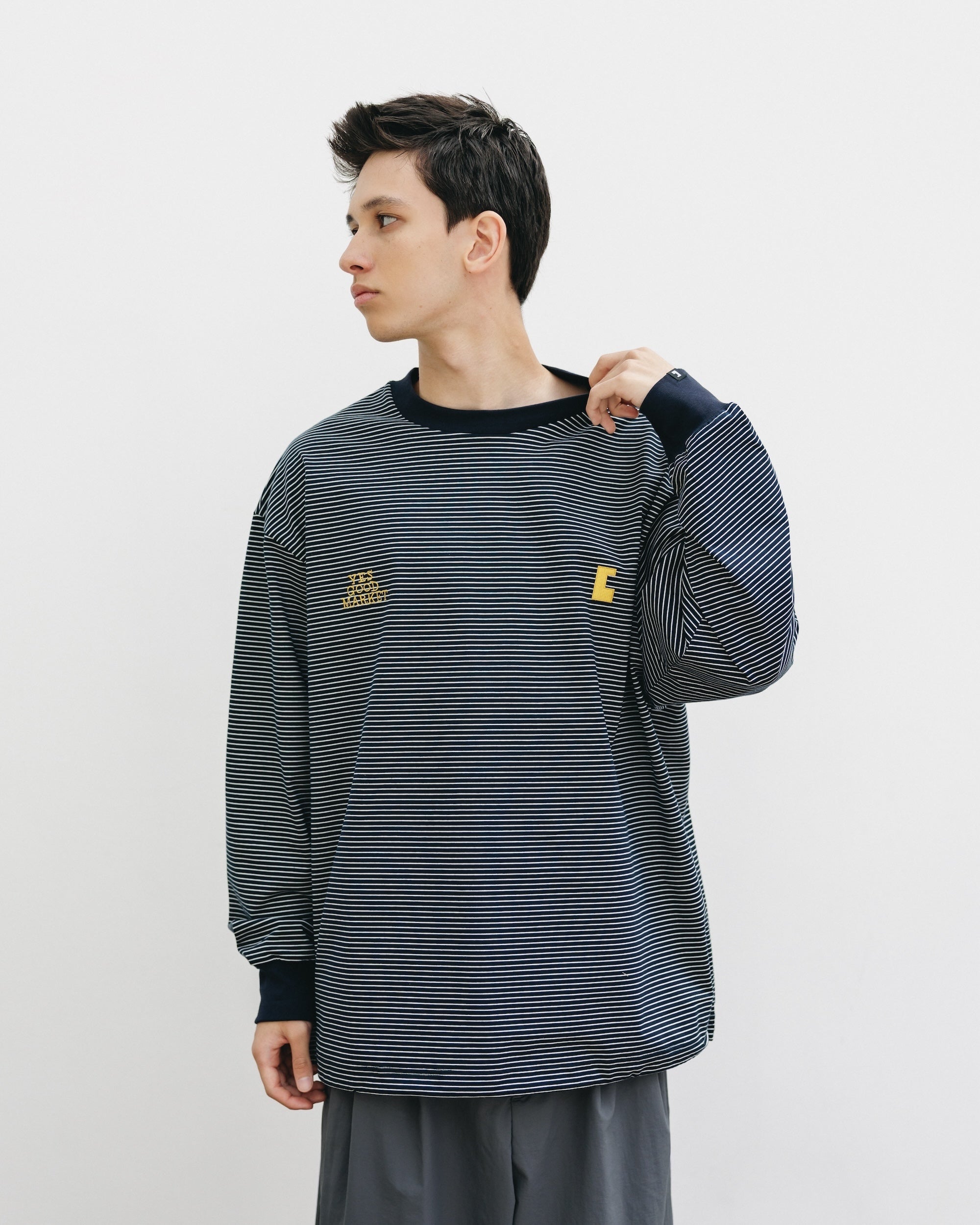 【10.15 WED 20:00- IN STOCK】"C"STRIPED L/S T-SHIRT WITH DRAWSTRINGS FOR YGM (NAVY×WHITE)