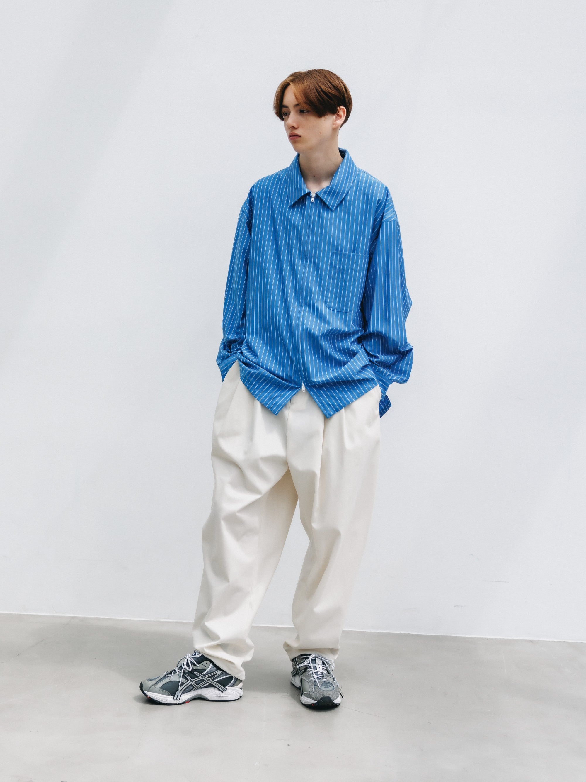 【5.30 SAT 20:00- IN STOCK】THICK/THIN STRIPE 46G KNIT EVERYDAY ZIP UP L/S SHIRT (SAX BLUE STRIPE)