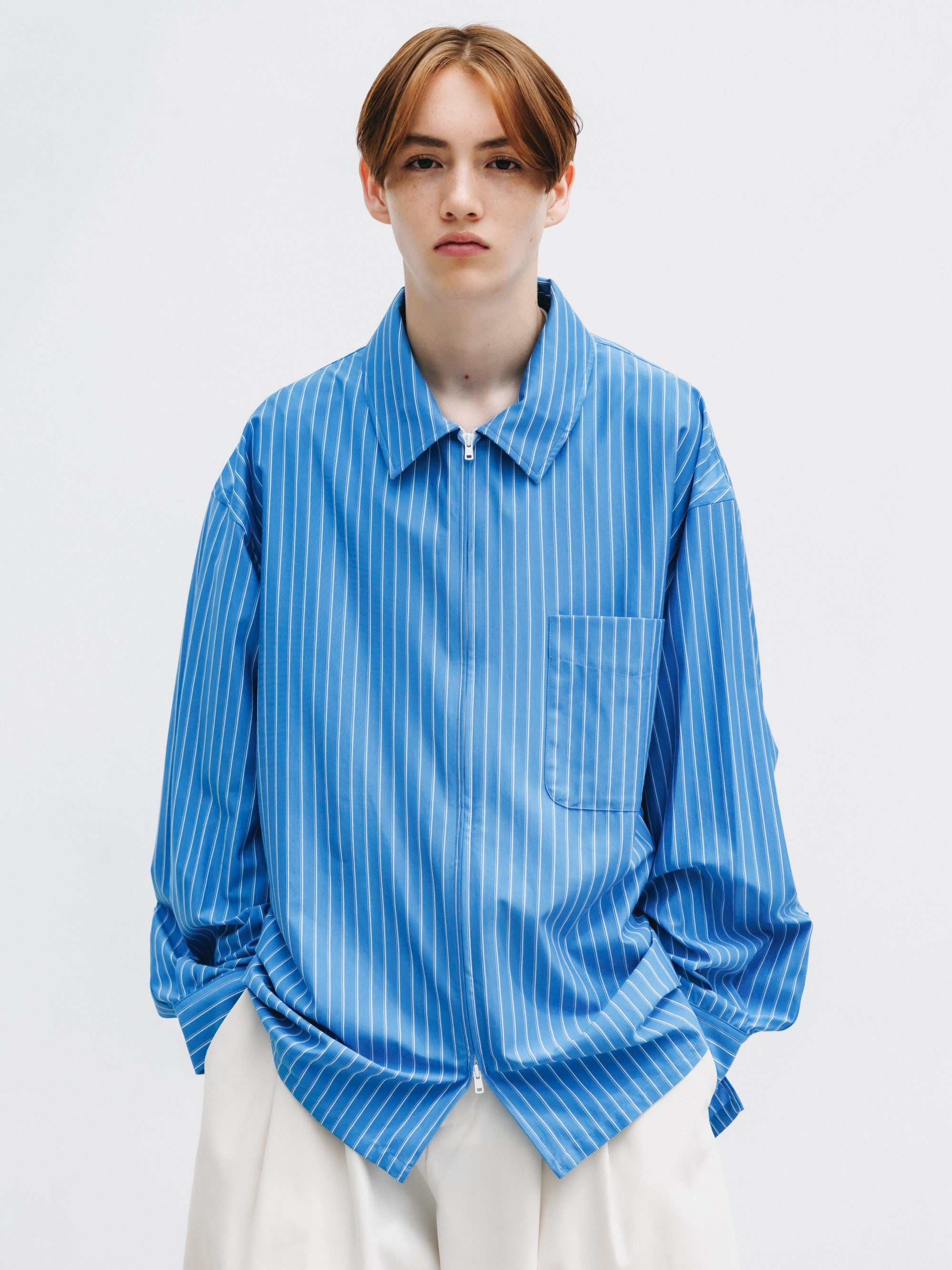 【5.30 SAT 20:00- IN STOCK】THICK/THIN STRIPE 46G KNIT EVERYDAY ZIP UP L/S SHIRT (SAX BLUE STRIPE)