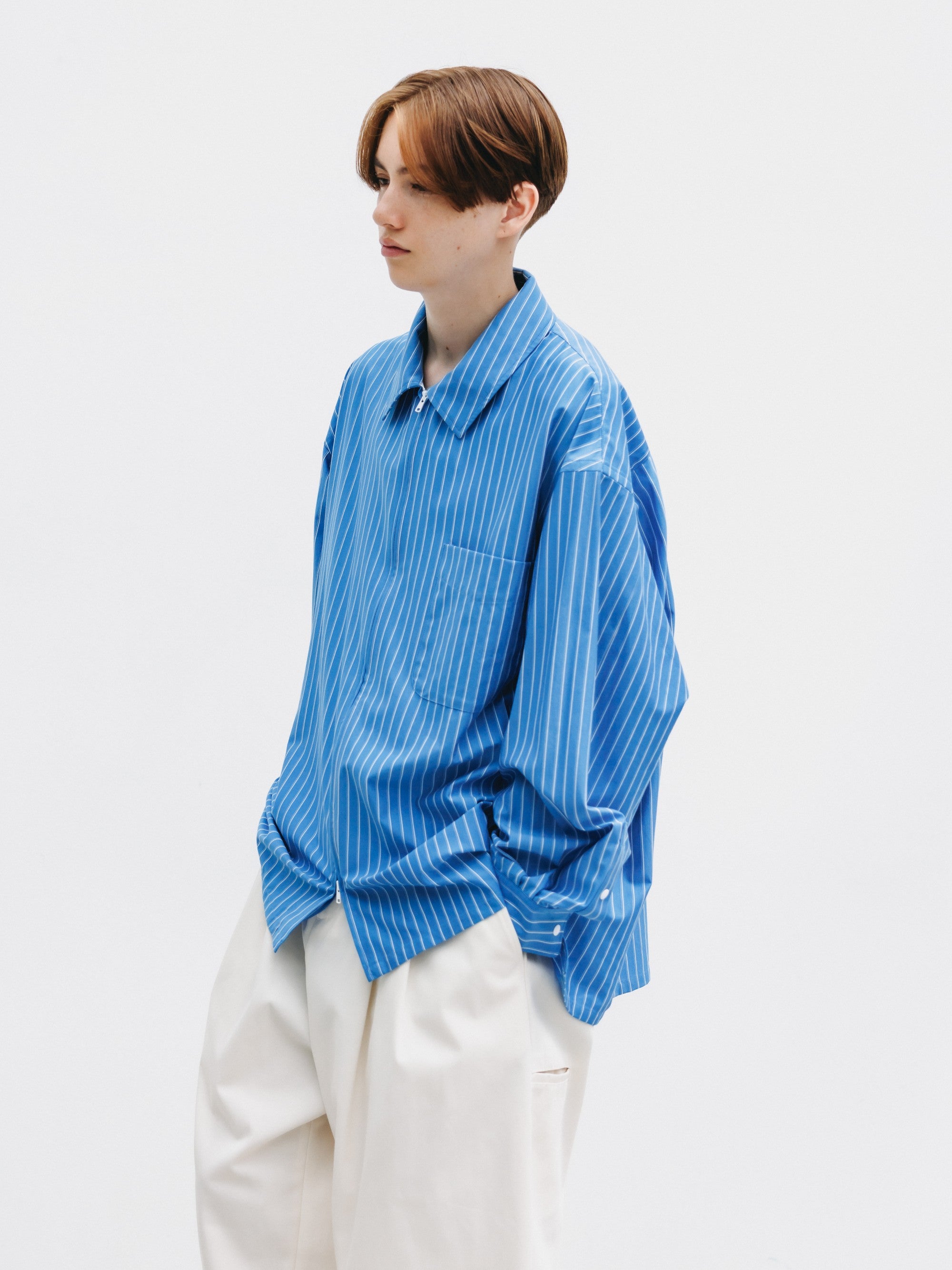 【5.30 SAT 20:00- IN STOCK】THICK/THIN STRIPE 46G KNIT EVERYDAY ZIP UP L/S SHIRT (SAX BLUE STRIPE)