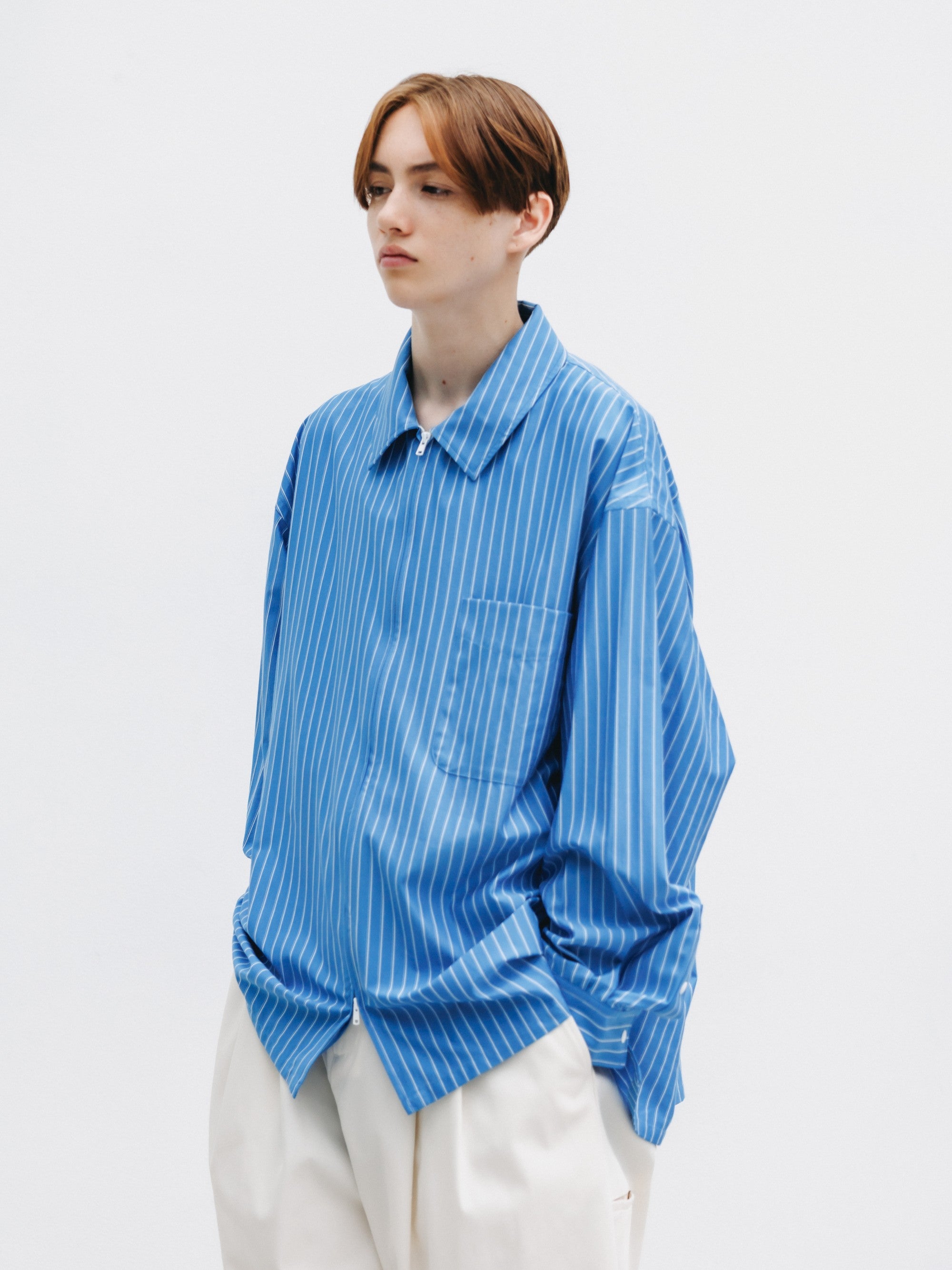 【5.30 SAT 20:00- IN STOCK】THICK/THIN STRIPE 46G KNIT EVERYDAY ZIP UP L/S SHIRT (SAX BLUE STRIPE)
