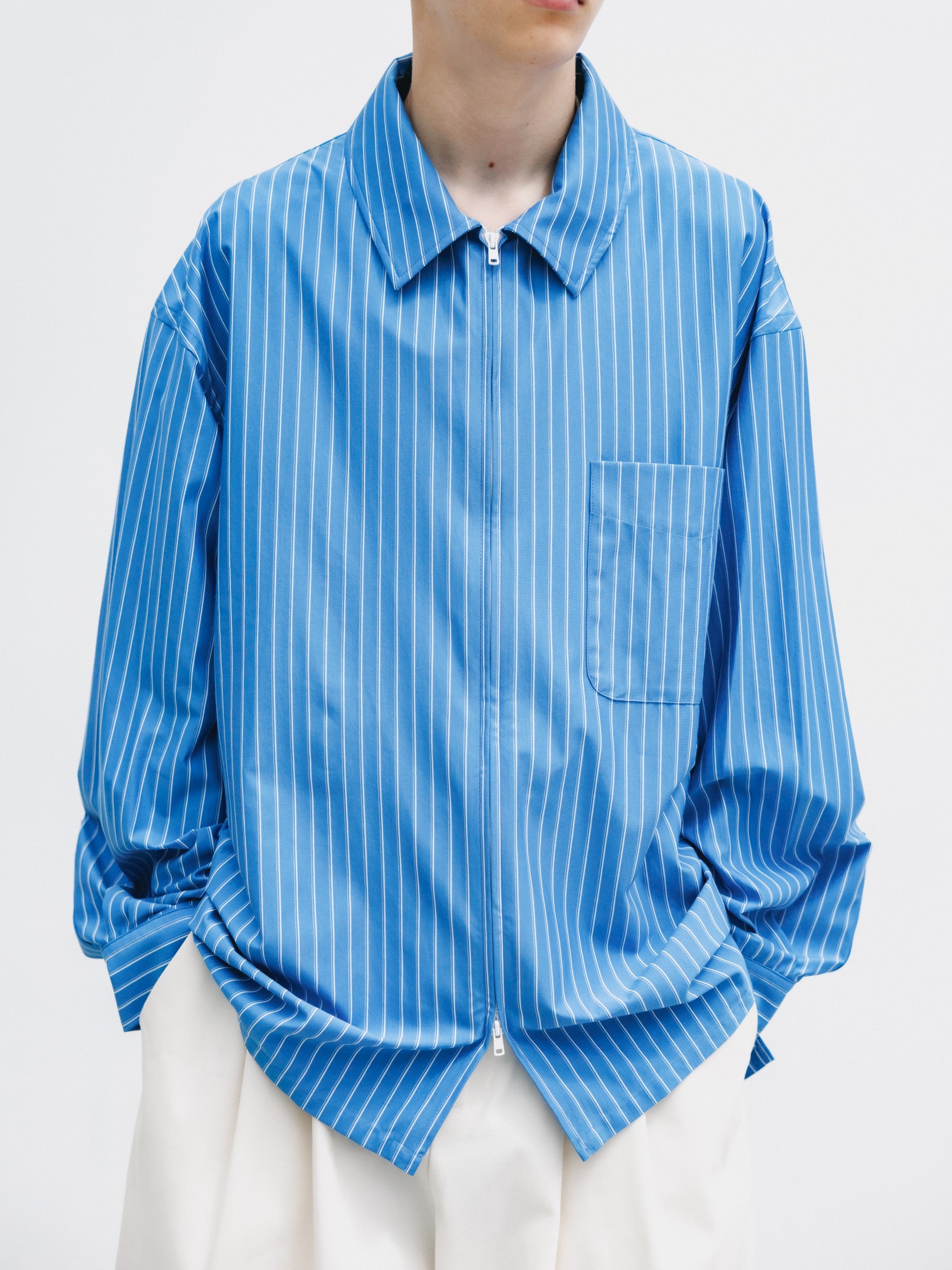 【5.30 SAT 20:00- IN STOCK】THICK/THIN STRIPE 46G KNIT EVERYDAY ZIP UP L/S SHIRT (SAX BLUE STRIPE)