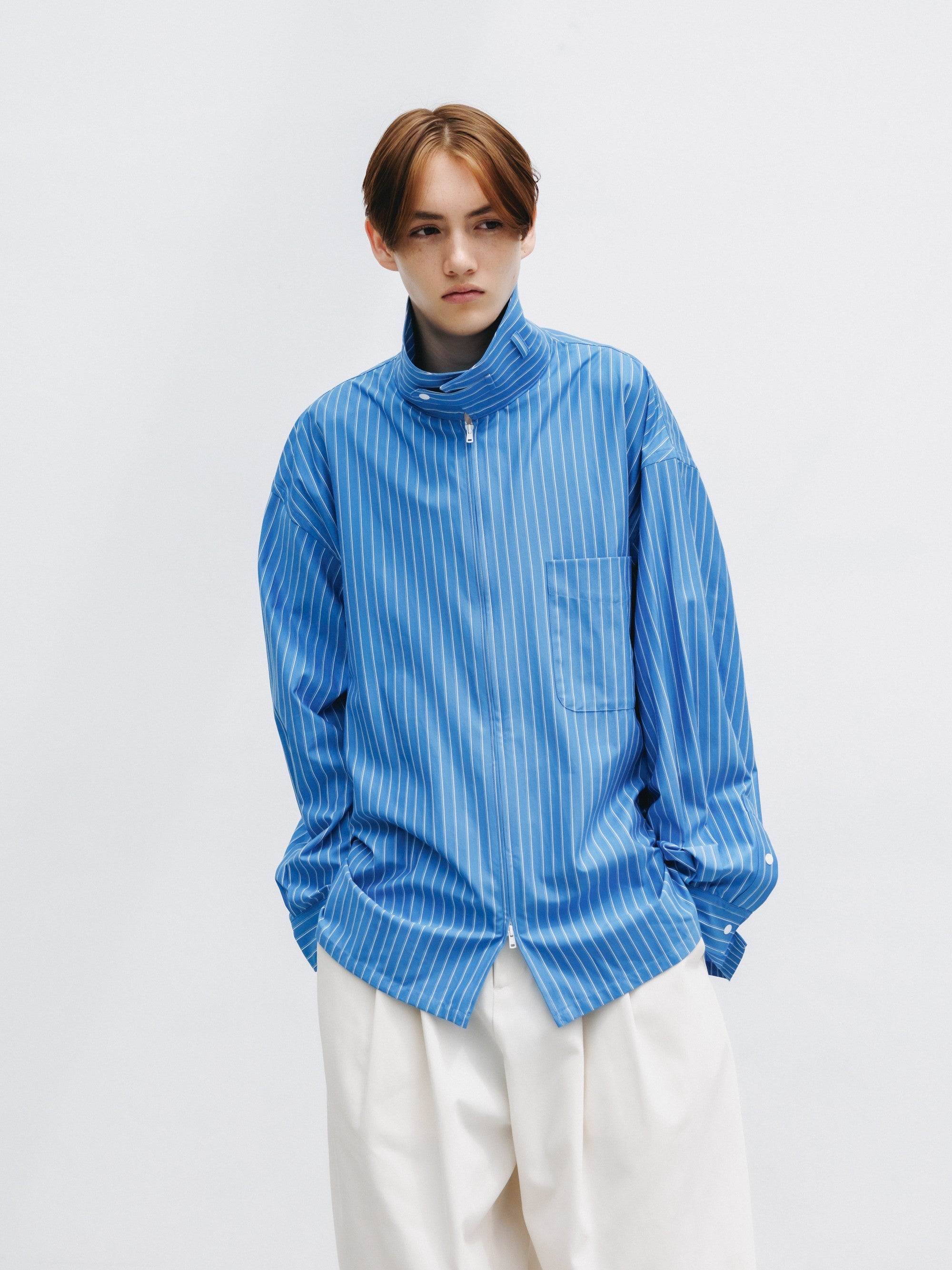 【5.30 SAT 20:00- IN STOCK】THICK/THIN STRIPE 46G KNIT EVERYDAY ZIP UP L/S SHIRT (SAX BLUE STRIPE)