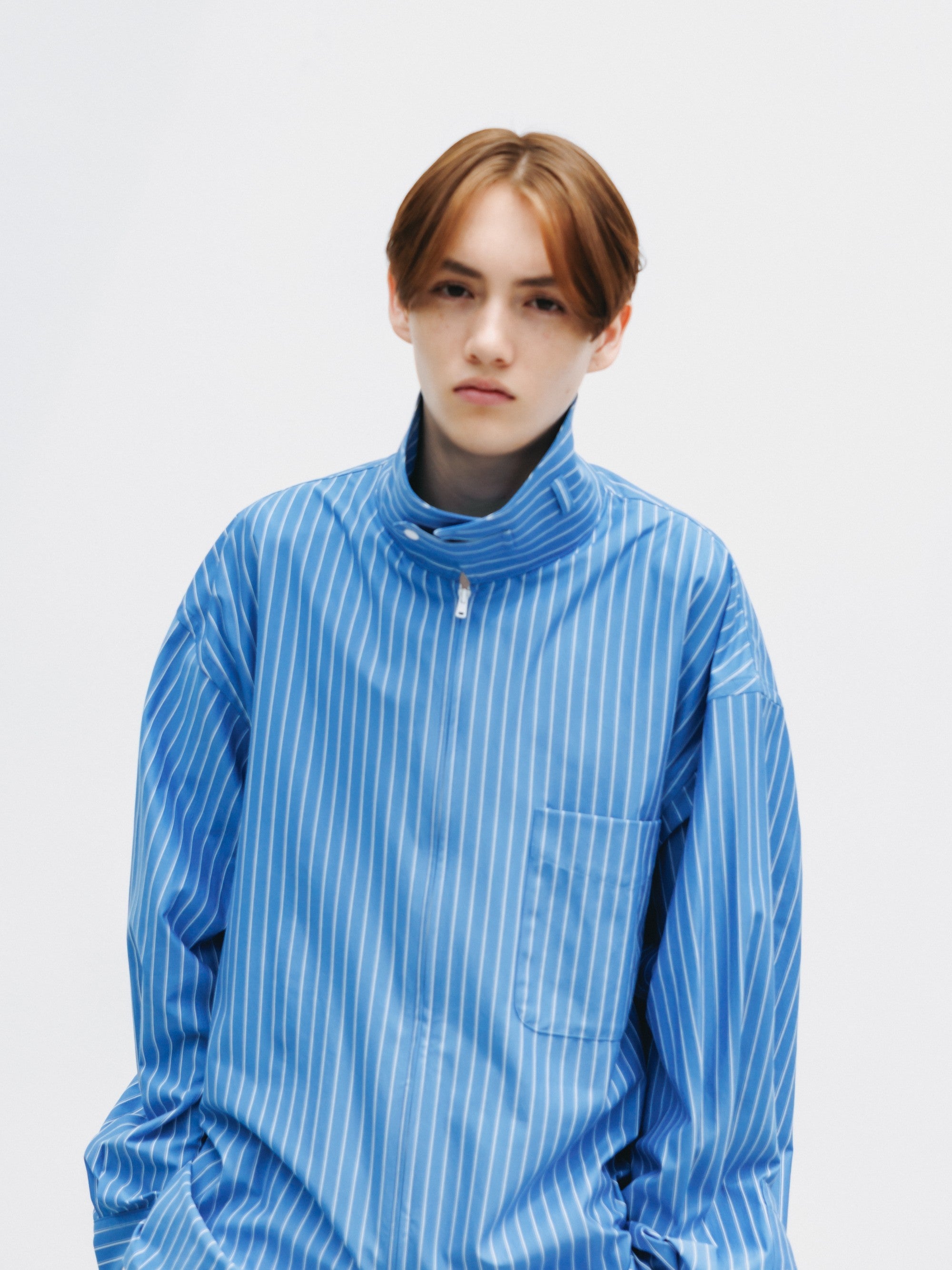 【5.30 SAT 20:00- IN STOCK】THICK/THIN STRIPE 46G KNIT EVERYDAY ZIP UP L/S SHIRT (SAX BLUE STRIPE)
