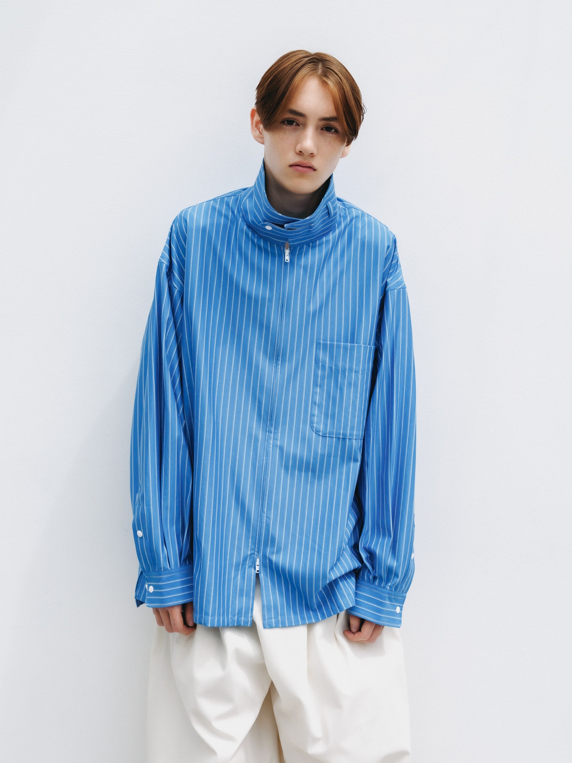 【5.30 SAT 20:00- IN STOCK】THICK/THIN STRIPE 46G KNIT EVERYDAY ZIP UP L/S SHIRT (SAX BLUE STRIPE)