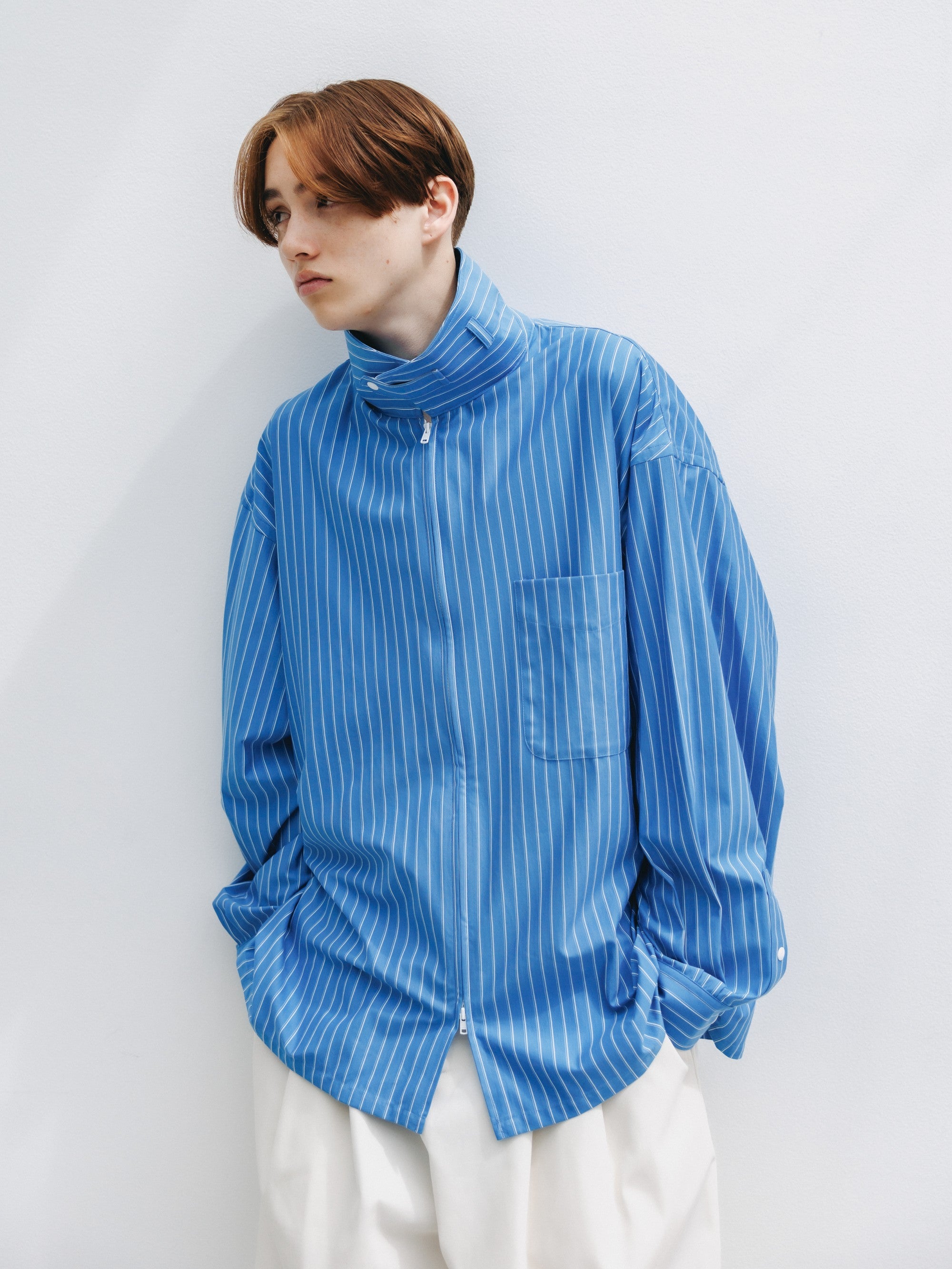 【5.30 SAT 20:00- IN STOCK】THICK/THIN STRIPE 46G KNIT EVERYDAY ZIP UP L/S SHIRT (SAX BLUE STRIPE)