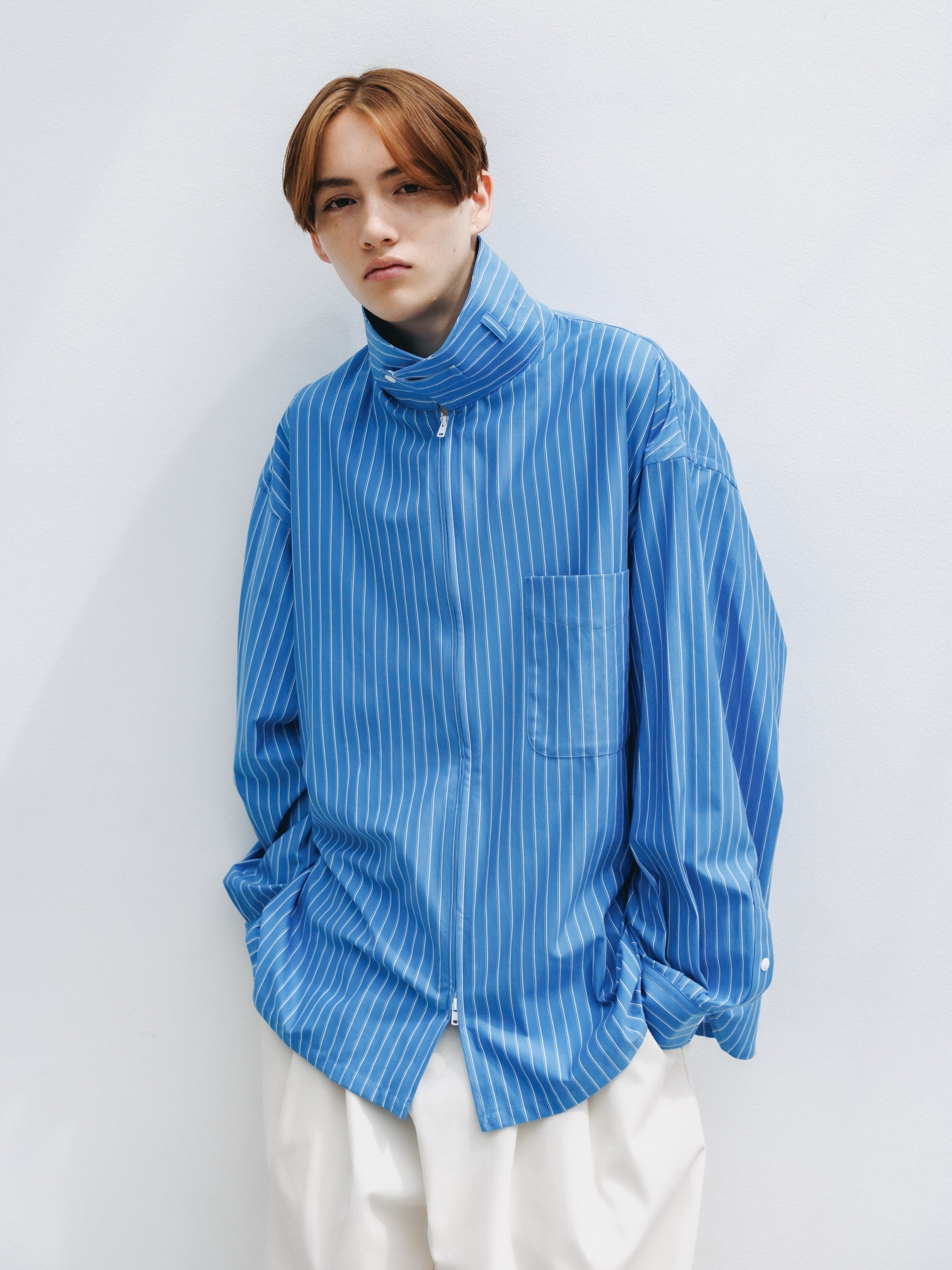 【5.30 SAT 20:00- IN STOCK】THICK/THIN STRIPE 46G KNIT EVERYDAY ZIP UP L/S SHIRT (SAX BLUE STRIPE)
