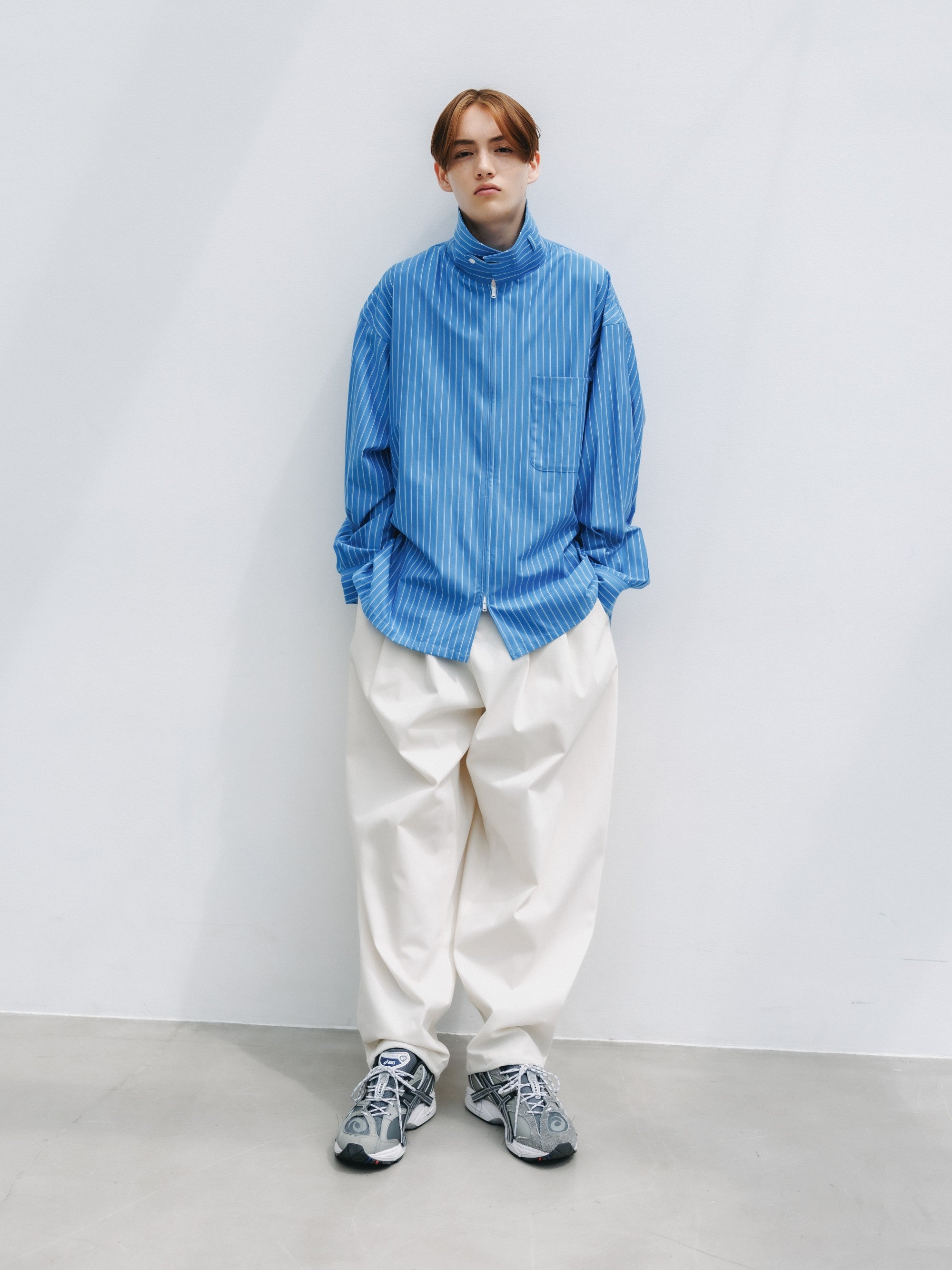 【5.30 SAT 20:00- IN STOCK】THICK/THIN STRIPE 46G KNIT EVERYDAY ZIP UP L/S SHIRT (SAX BLUE STRIPE)