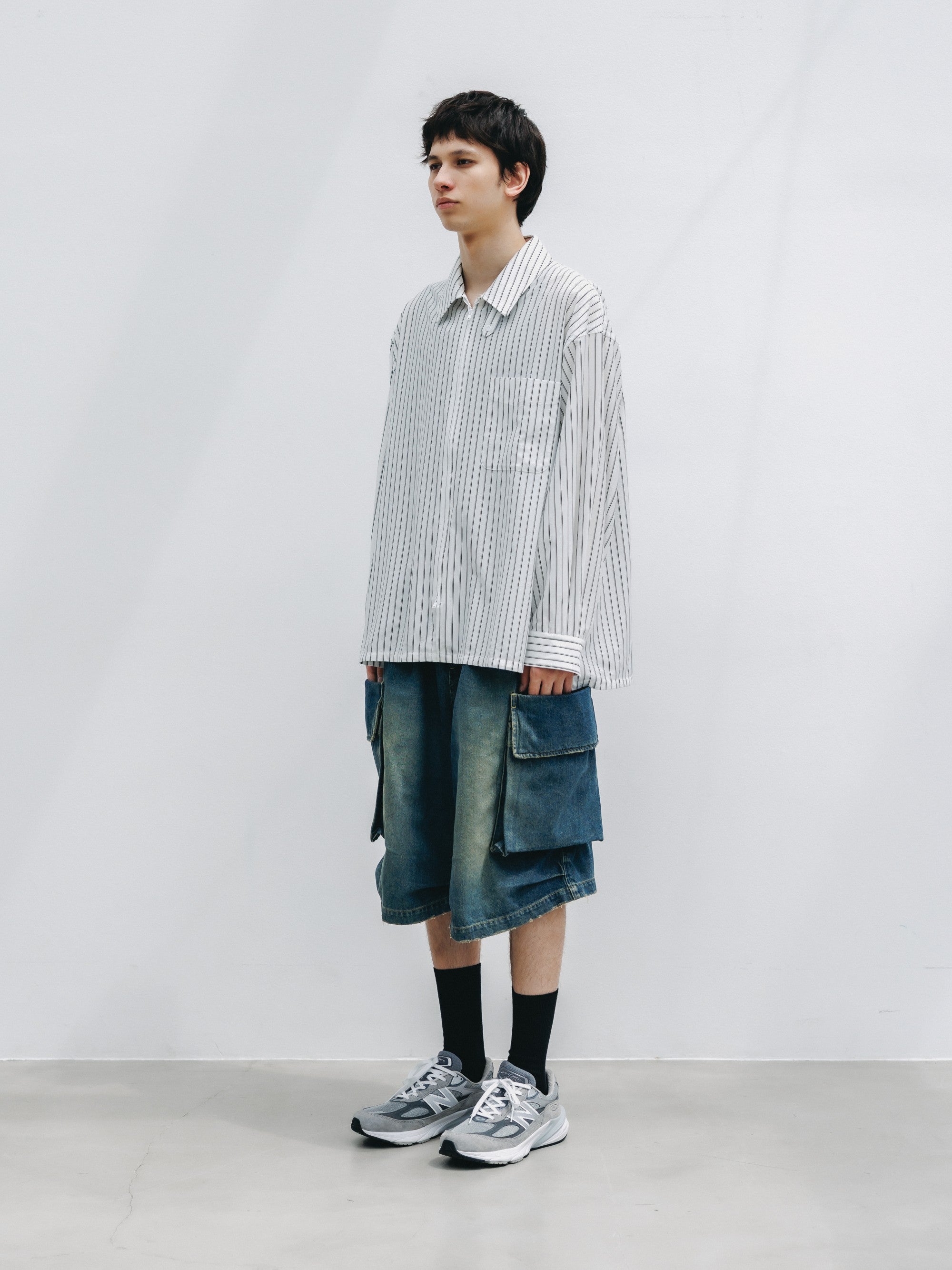 【5.30 SAT 20:00- IN STOCK】THICK/THIN STRIPE 46G KNIT EVERYDAY ZIP UP L/S SHIRT (WHITE STRIPE)