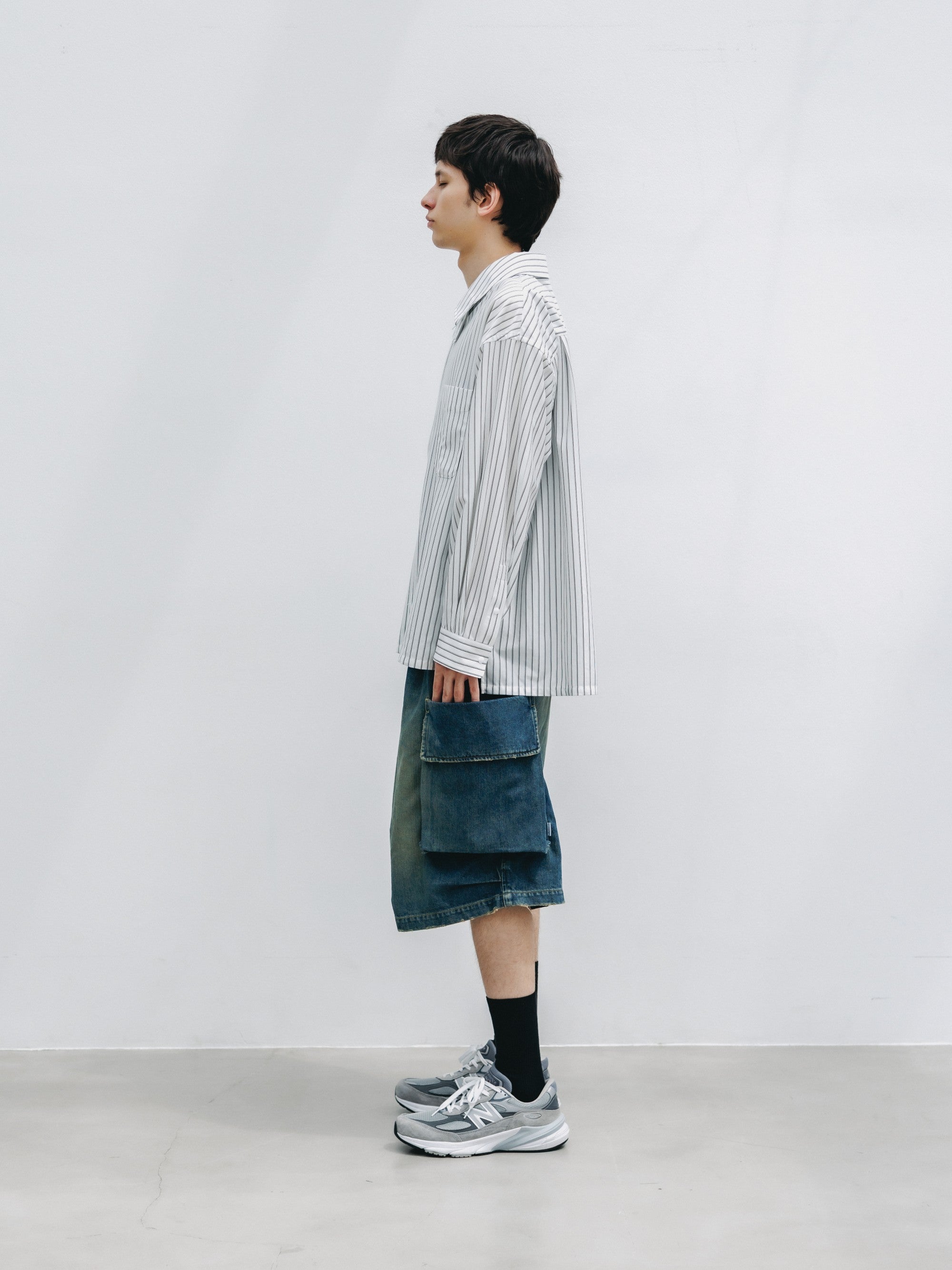 【5.30 SAT 20:00- IN STOCK】THICK/THIN STRIPE 46G KNIT EVERYDAY ZIP UP L/S SHIRT (WHITE STRIPE)