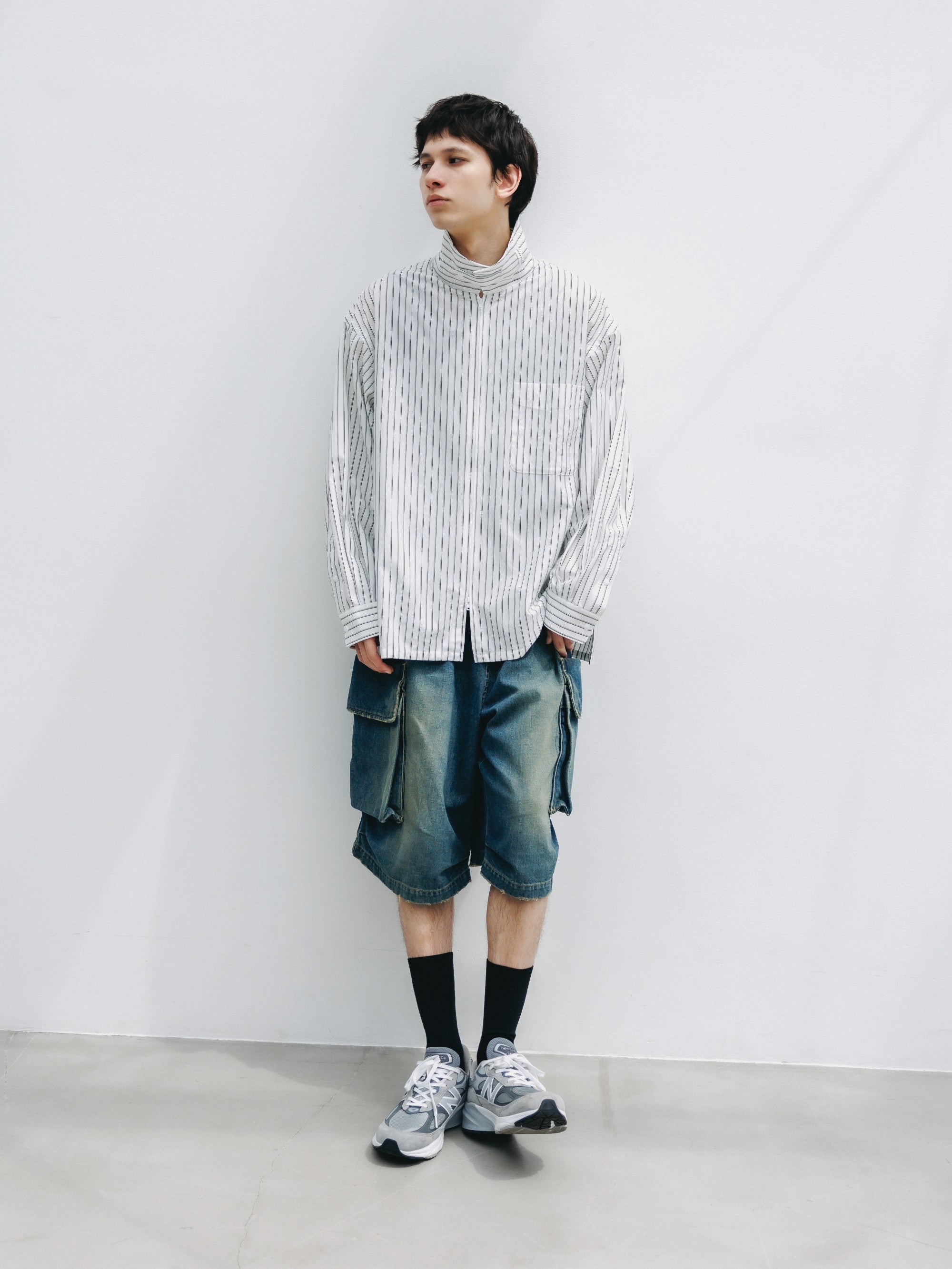 【5.30 SAT 20:00- IN STOCK】THICK/THIN STRIPE 46G KNIT EVERYDAY ZIP UP L/S SHIRT (WHITE STRIPE)