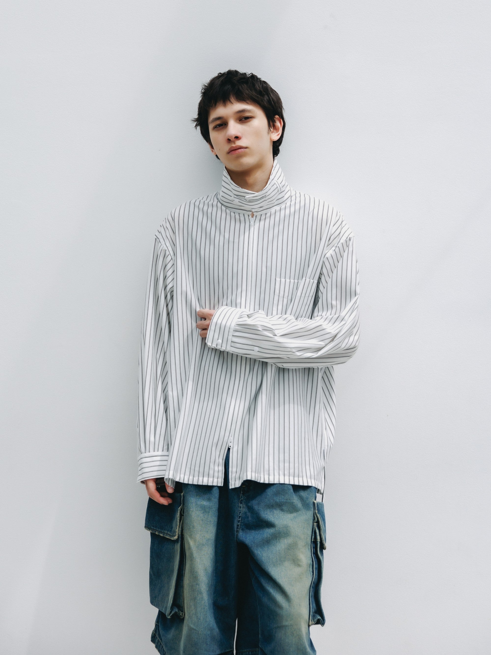 【5.30 SAT 20:00- IN STOCK】THICK/THIN STRIPE 46G KNIT EVERYDAY ZIP UP L/S SHIRT (WHITE STRIPE)