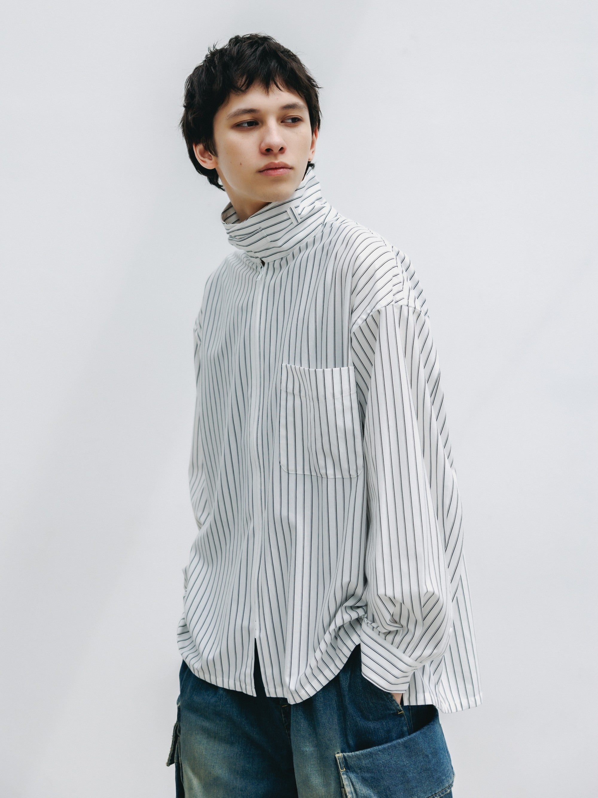 【5.30 SAT 20:00- IN STOCK】THICK/THIN STRIPE 46G KNIT EVERYDAY ZIP UP L/S SHIRT (WHITE STRIPE)