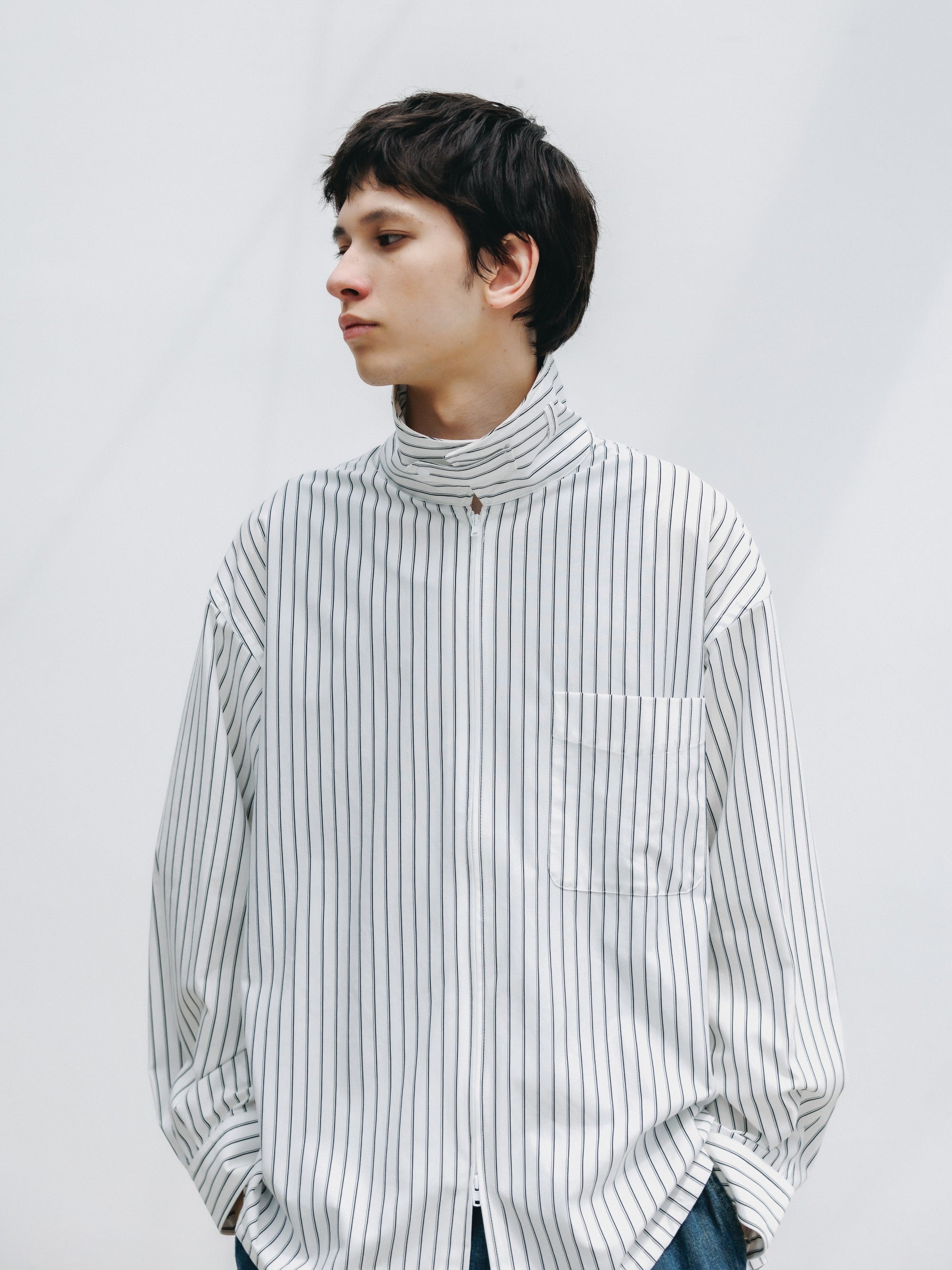 【5.30 SAT 20:00- IN STOCK】THICK/THIN STRIPE 46G KNIT EVERYDAY ZIP UP L/S SHIRT (WHITE STRIPE)