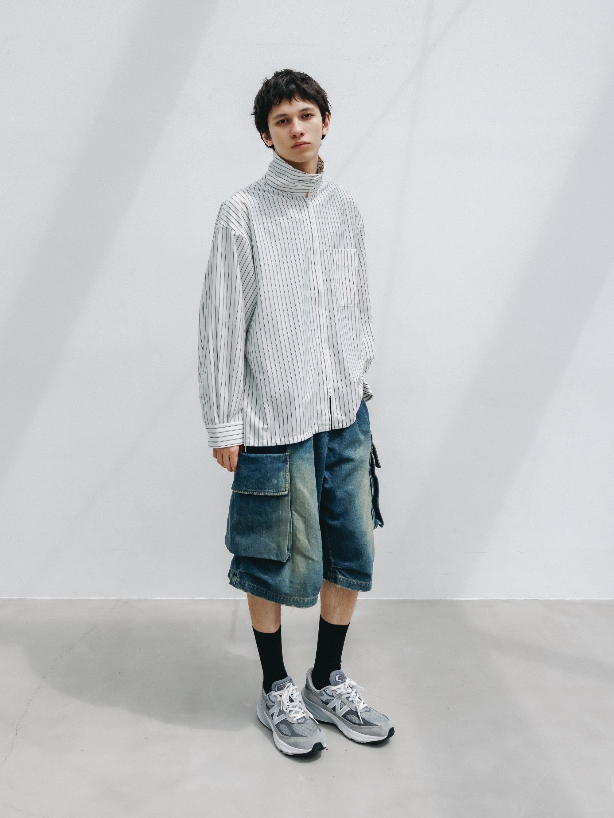 【5.30 SAT 20:00- IN STOCK】THICK/THIN STRIPE 46G KNIT EVERYDAY ZIP UP L/S SHIRT (WHITE STRIPE)