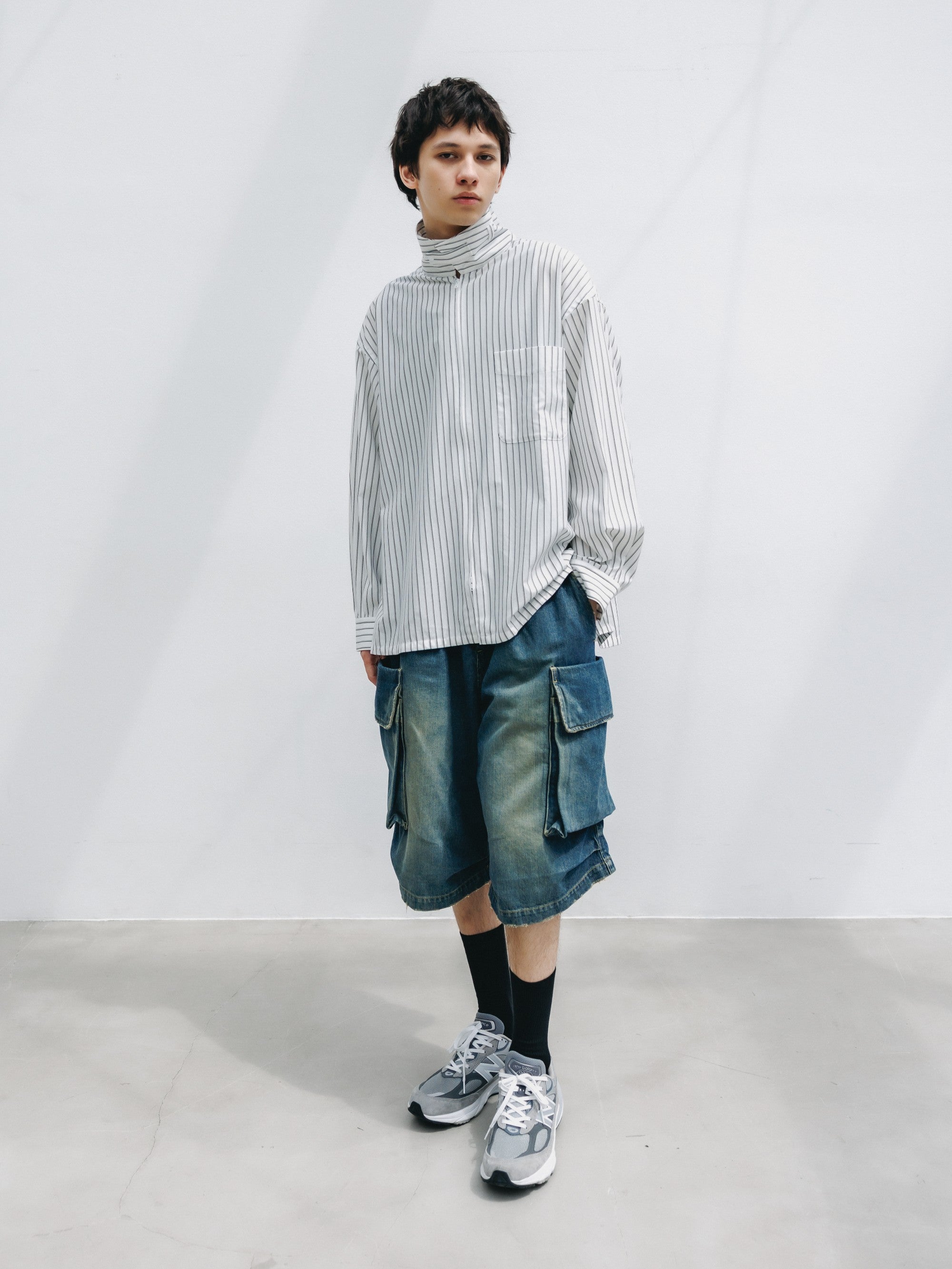 【5.30 SAT 20:00- IN STOCK】THICK/THIN STRIPE 46G KNIT EVERYDAY ZIP UP L/S SHIRT (WHITE STRIPE)