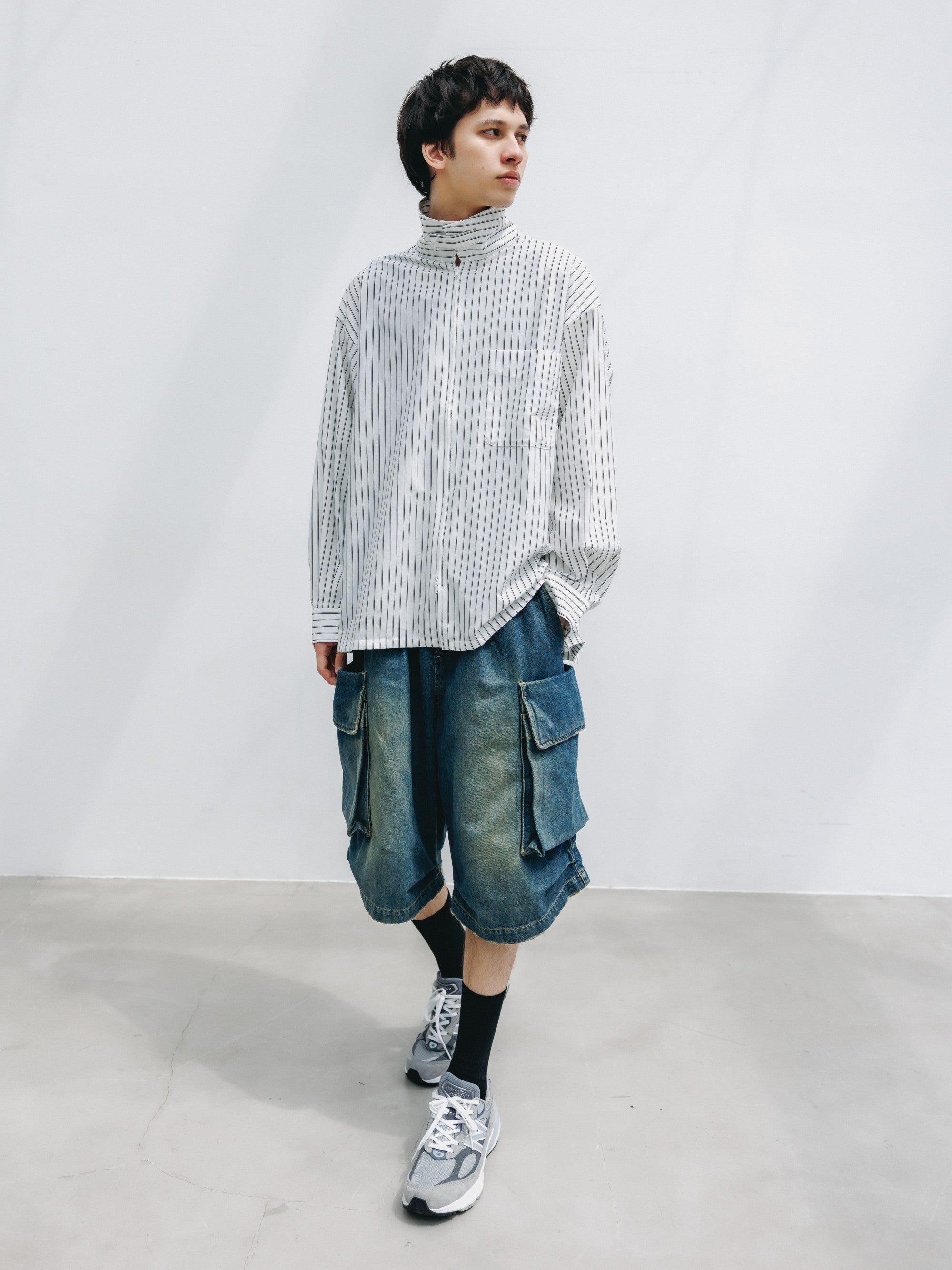 【5.30 SAT 20:00- IN STOCK】THICK/THIN STRIPE 46G KNIT EVERYDAY ZIP UP L/S SHIRT (WHITE STRIPE)
