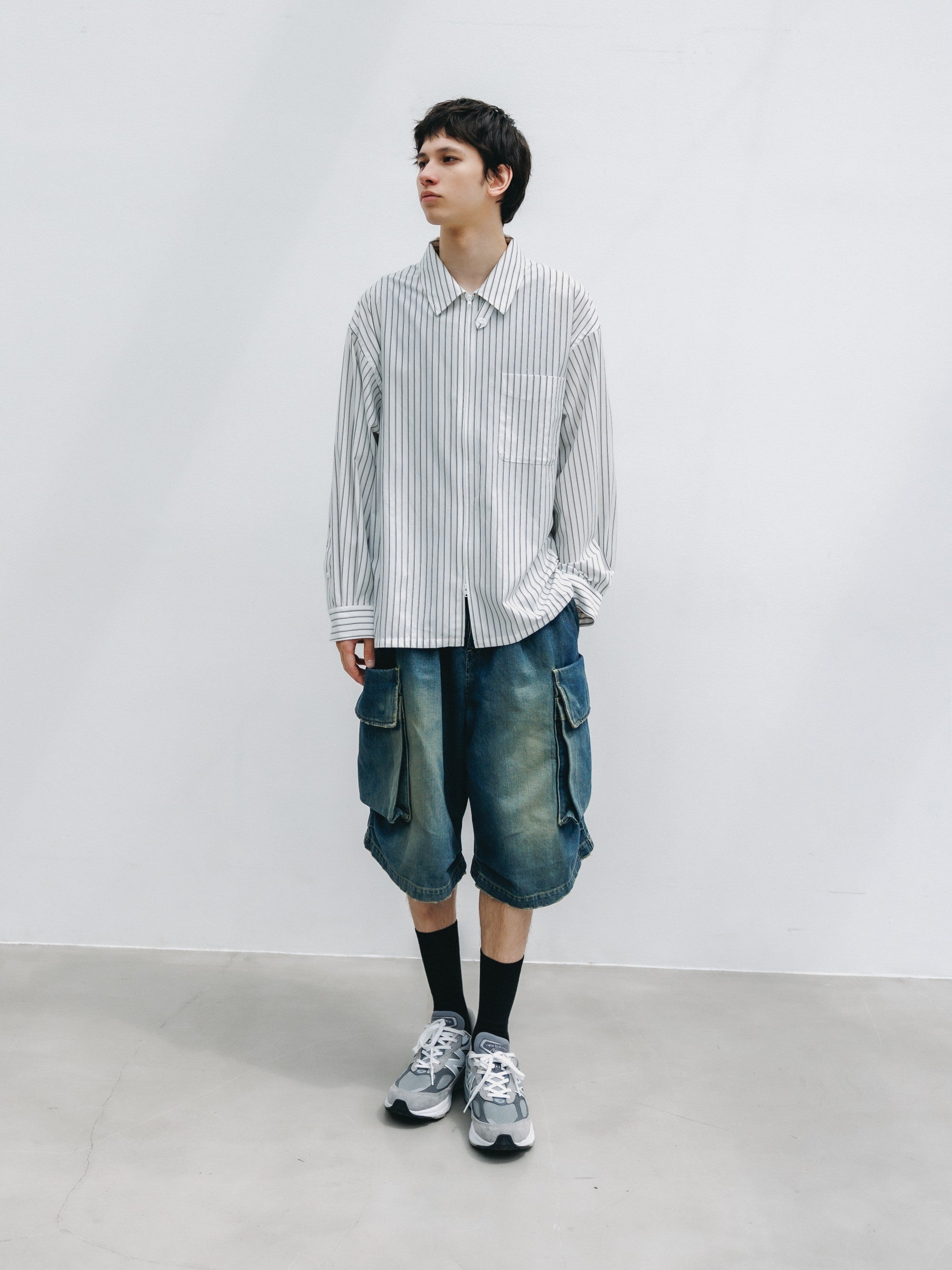 【5.30 SAT 20:00- IN STOCK】THICK/THIN STRIPE 46G KNIT EVERYDAY ZIP UP L/S SHIRT (WHITE STRIPE)