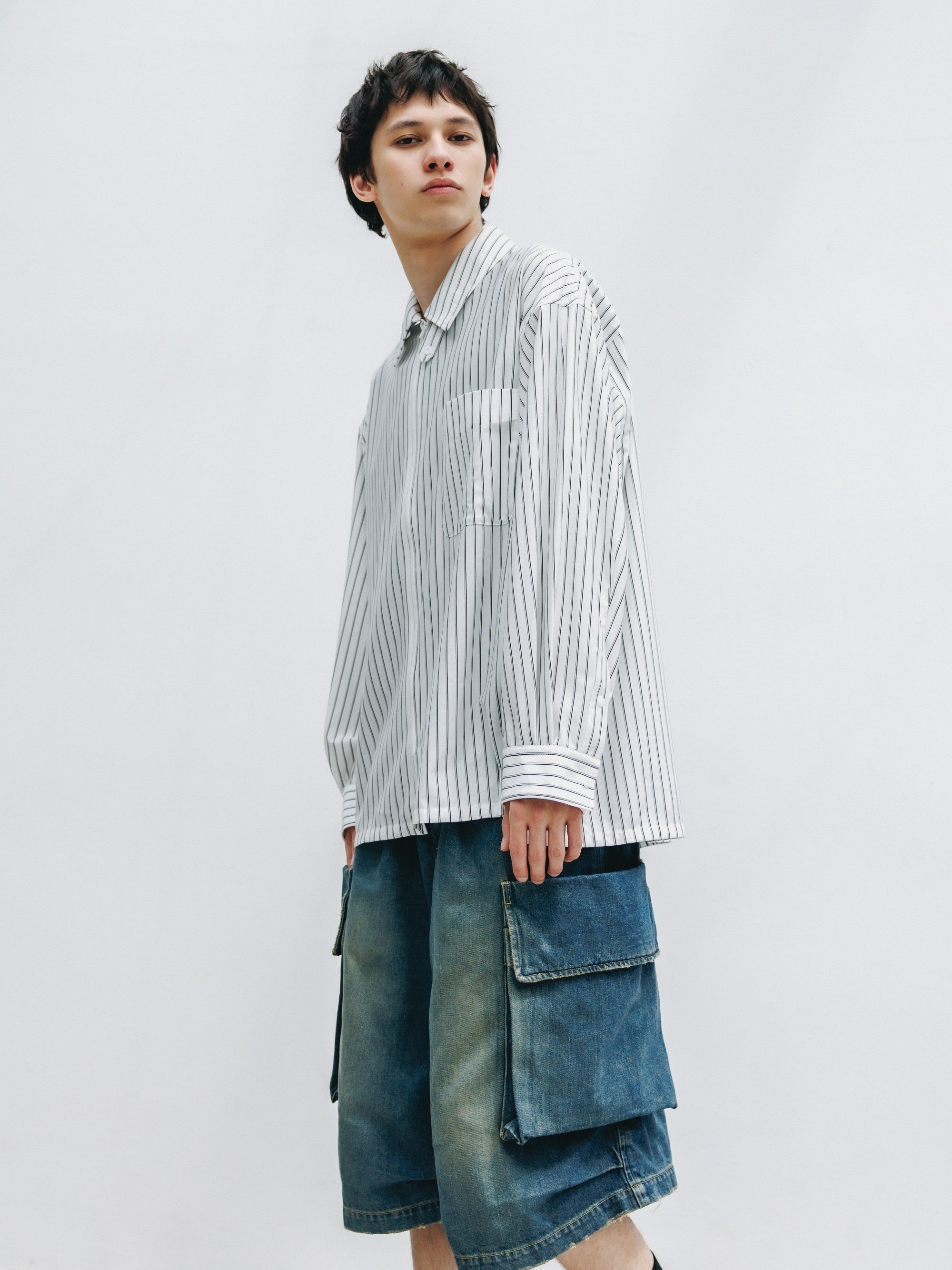 【5.30 SAT 20:00- IN STOCK】THICK/THIN STRIPE 46G KNIT EVERYDAY ZIP UP L/S SHIRT (WHITE STRIPE)
